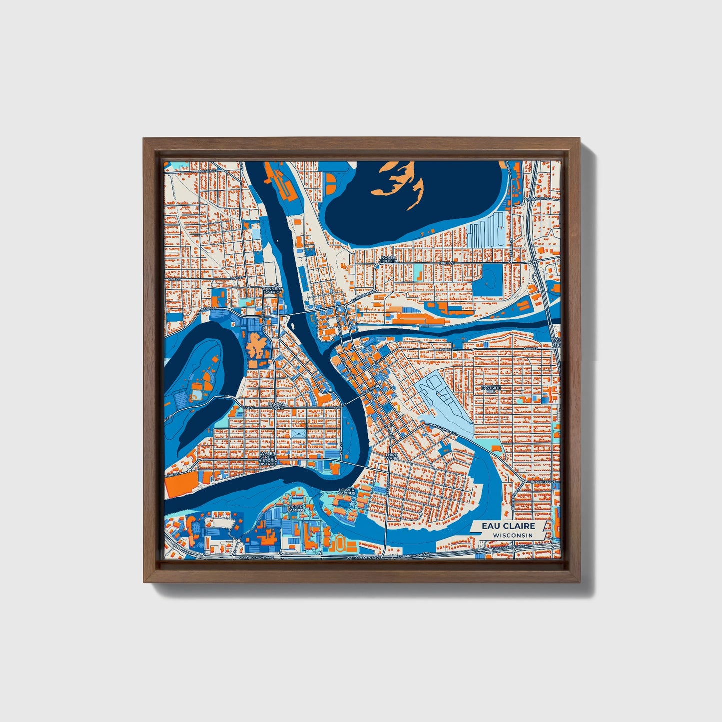 Eau Claire Wisconsin Colorful City Map Canvas Print • Dark Wooden Framed