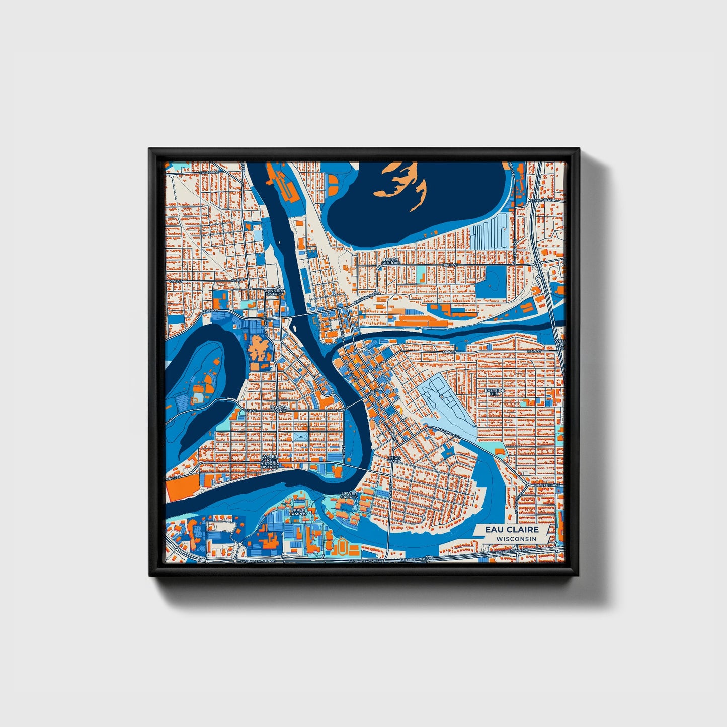 Eau Claire Wisconsin Colorful City Map Canvas Print • Black Framed