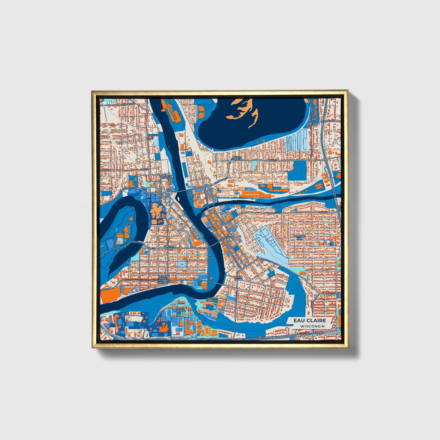 Eau Claire Wisconsin Colorful City Map Canvas Print • Gold Framed