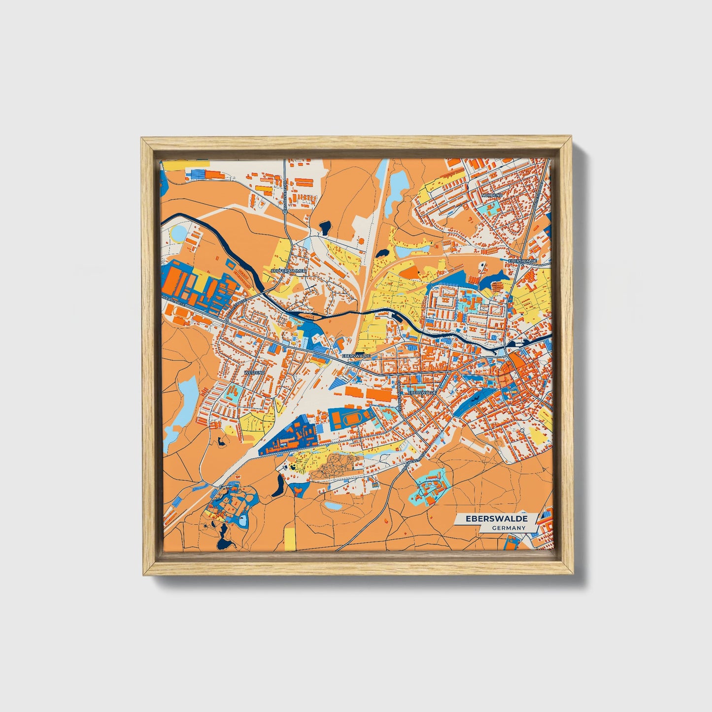 Eberswalde Germany Colorful City Map Canvas Print • Natural Wooden Framed