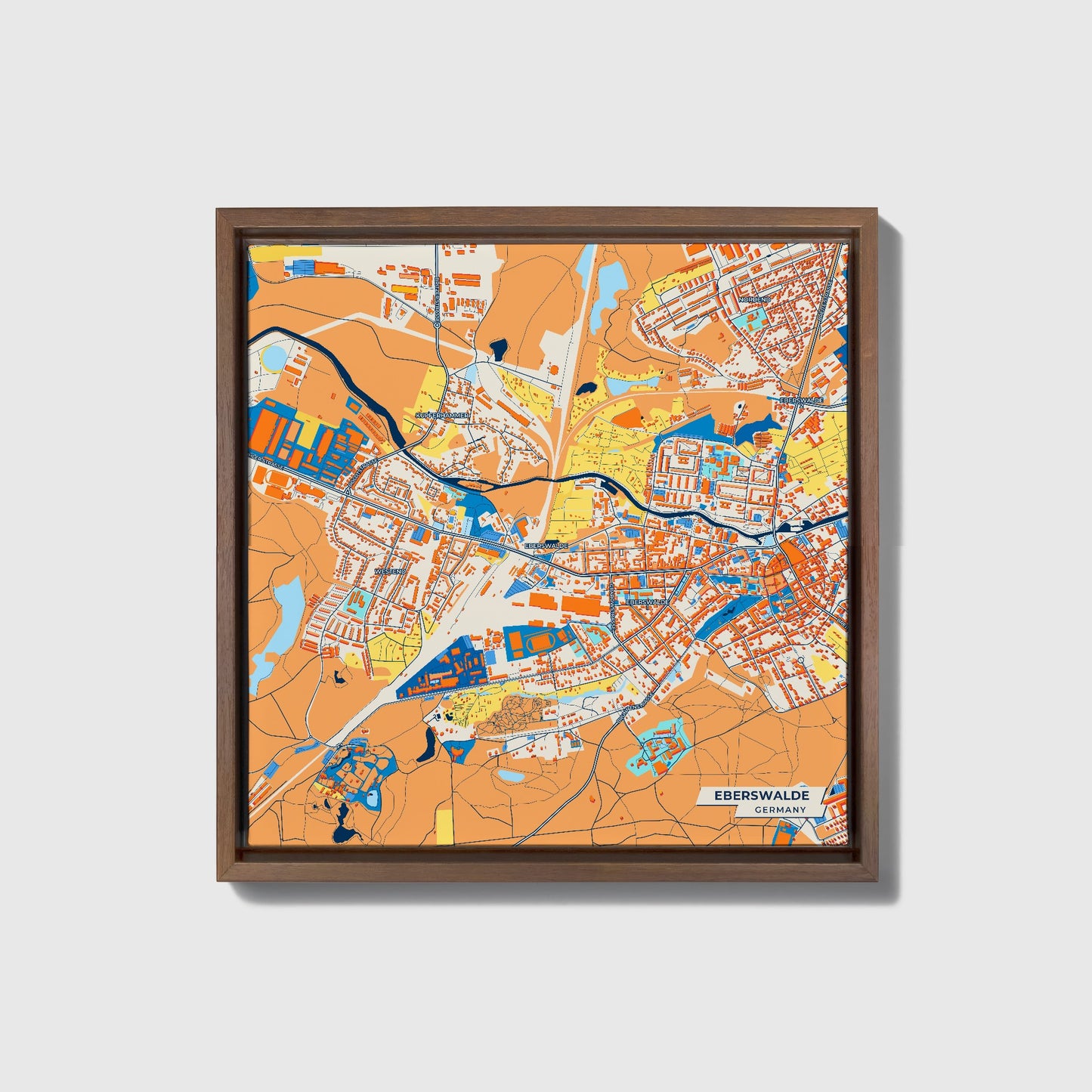 Eberswalde Germany Colorful City Map Canvas Print • Dark Wooden Framed