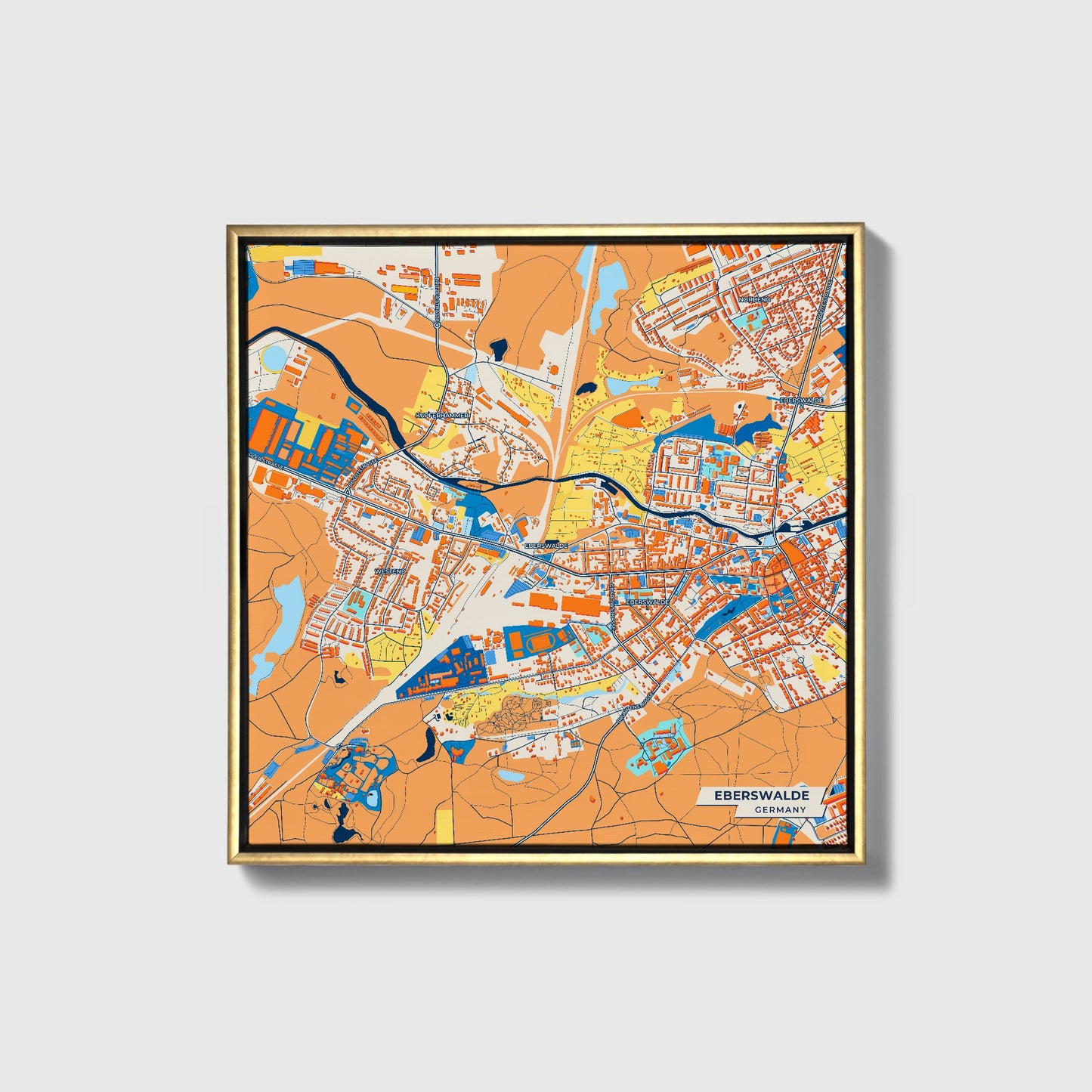Eberswalde Germany Colorful City Map Canvas Print • Gold Framed