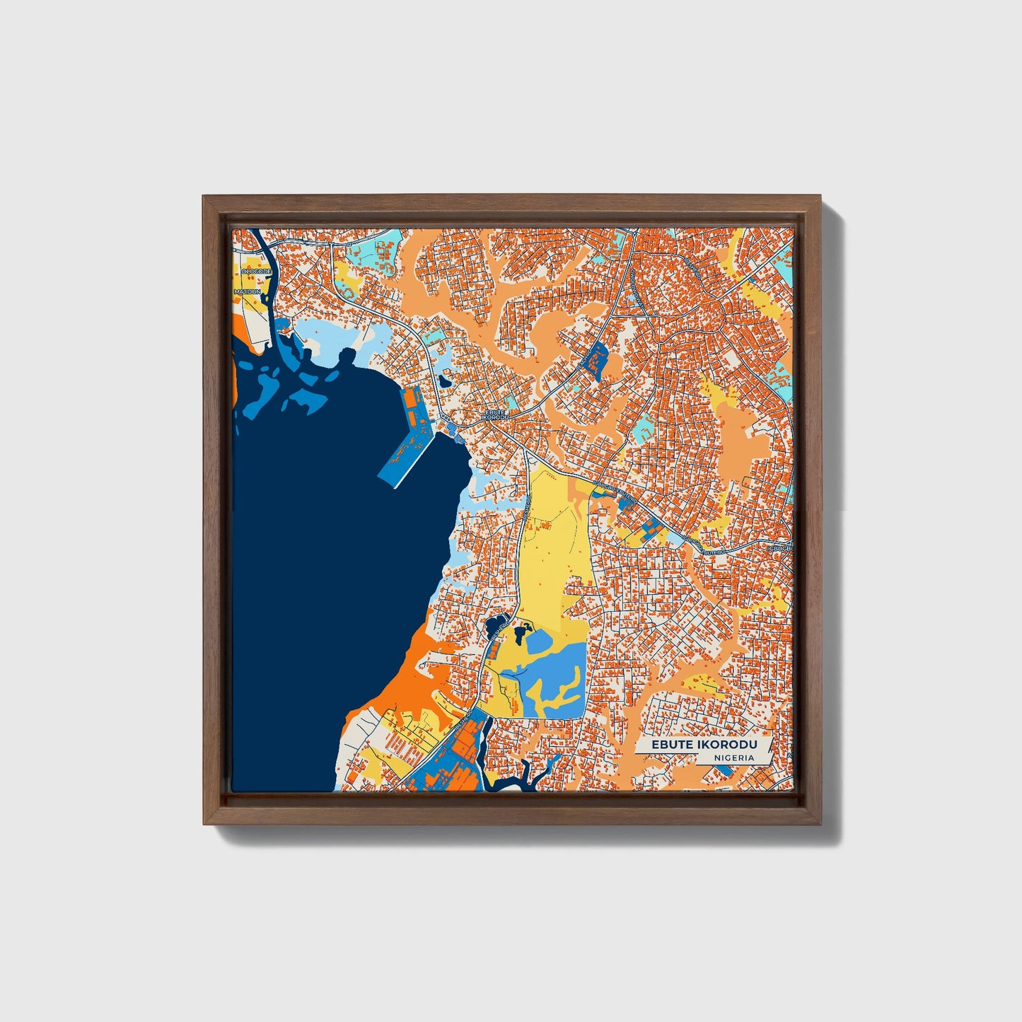 Ebute Ikorodu Nigeria Colorful City Map Canvas Print • Dark Wooden Framed