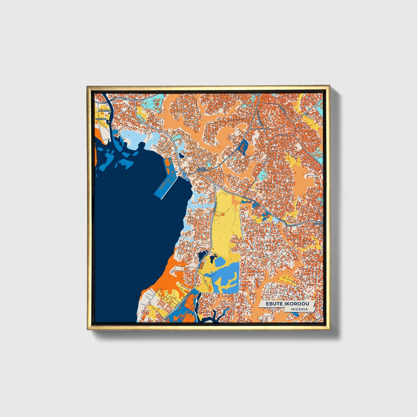Ebute Ikorodu Nigeria Colorful City Map Canvas Print • Gold Framed