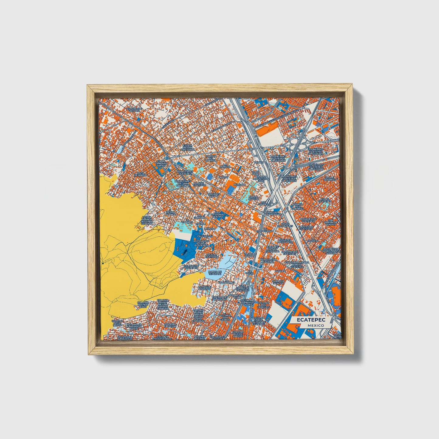 Ecatepec Mexico Colorful City Map Canvas Print • Natural Wooden Framed