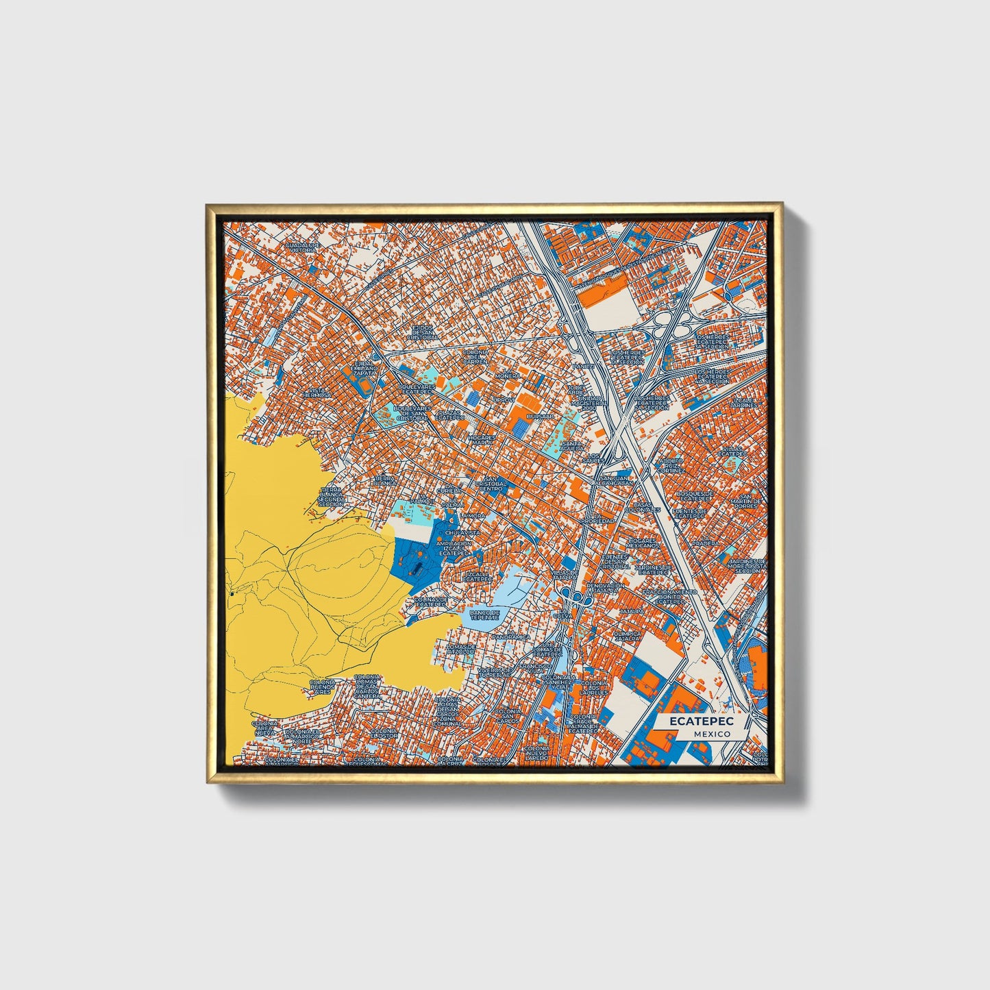 Ecatepec Mexico Colorful City Map Canvas Print • Gold Framed