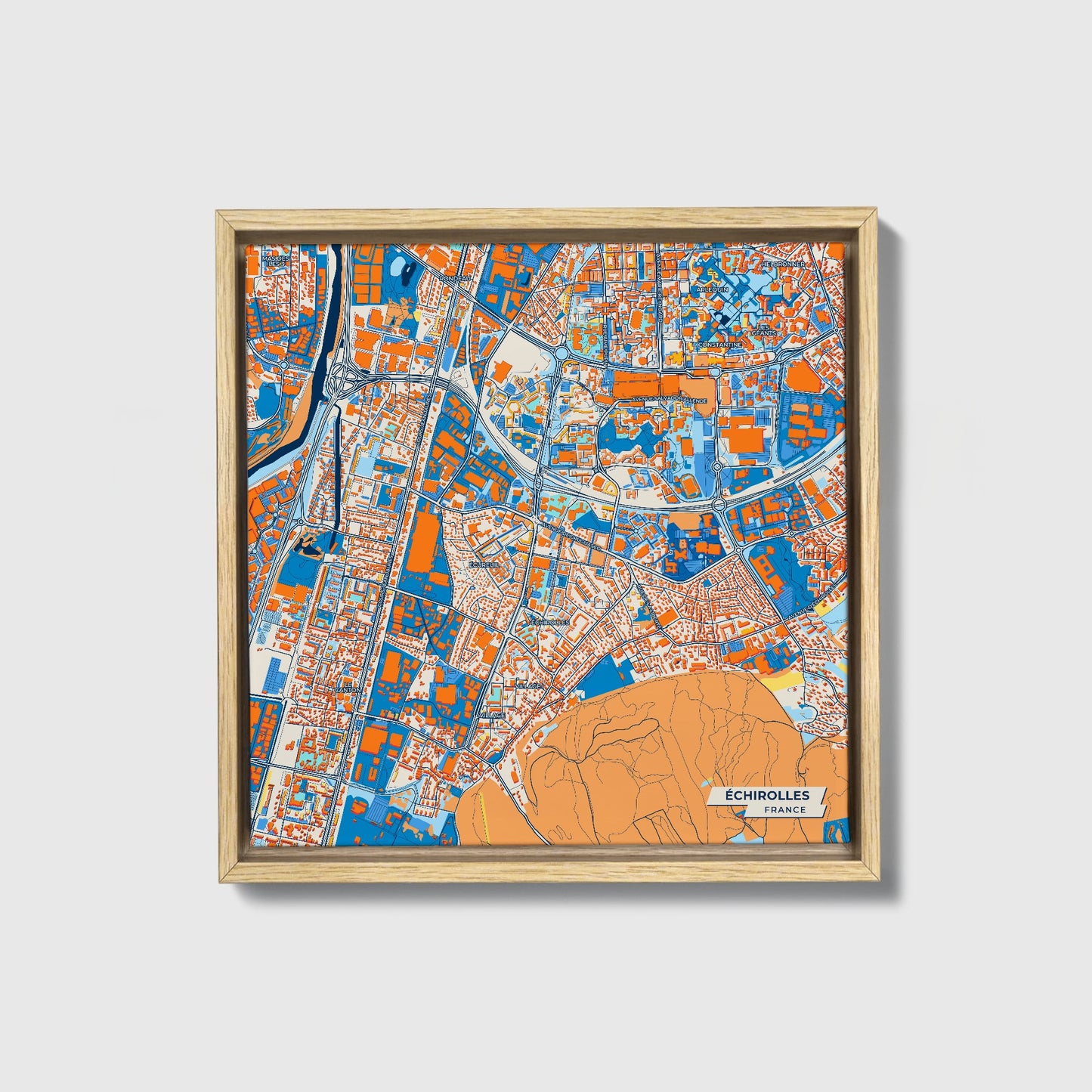 Échirolles France Colorful City Map Canvas Print • Natural Wooden Framed