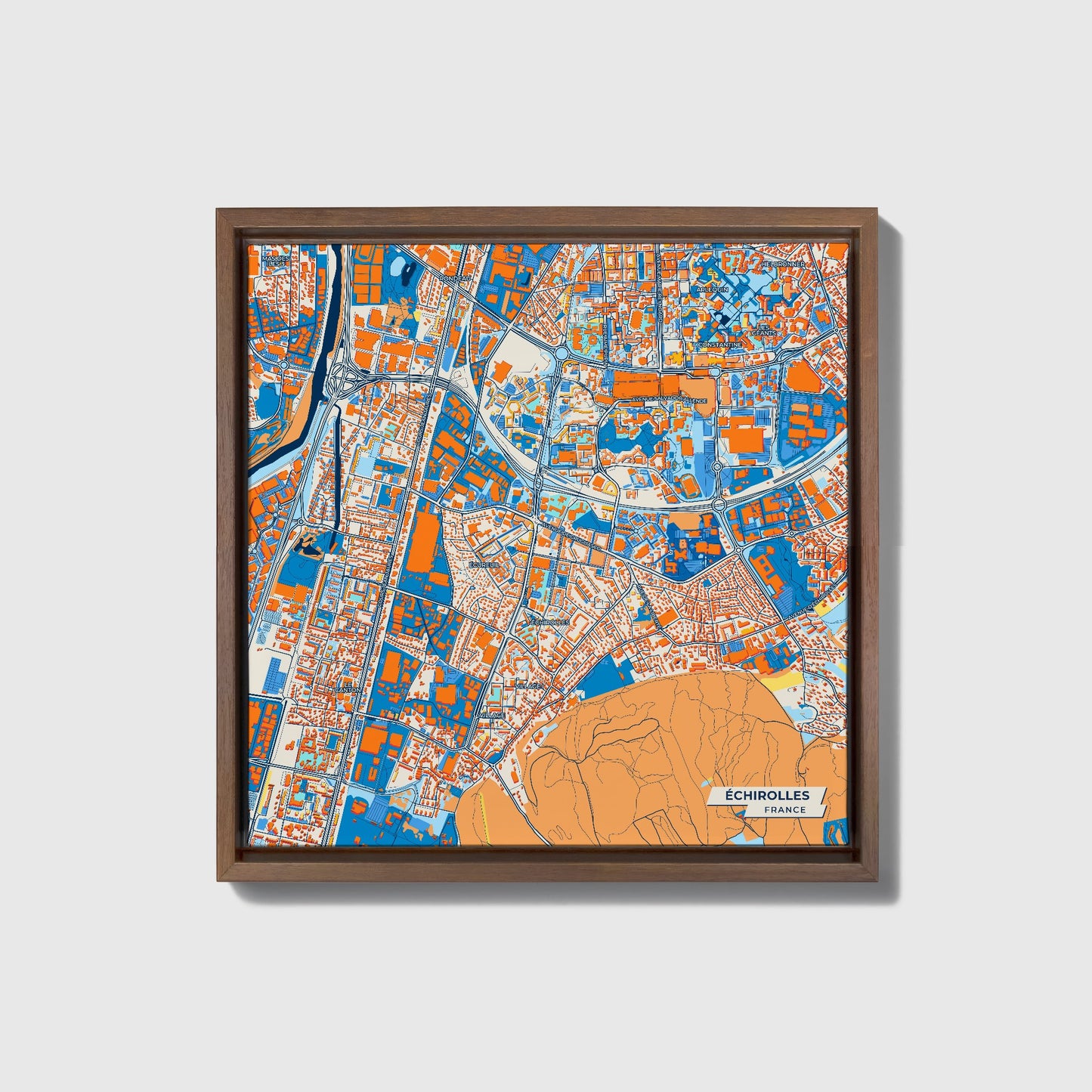 Échirolles France Colorful City Map Canvas Print • Dark Wooden Framed