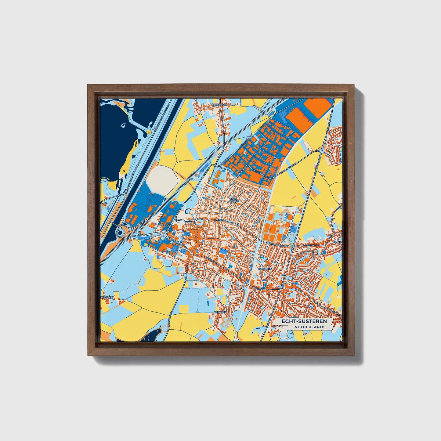 Echt-Susteren Netherlands Colorful City Map Canvas Print • Dark Wooden Framed