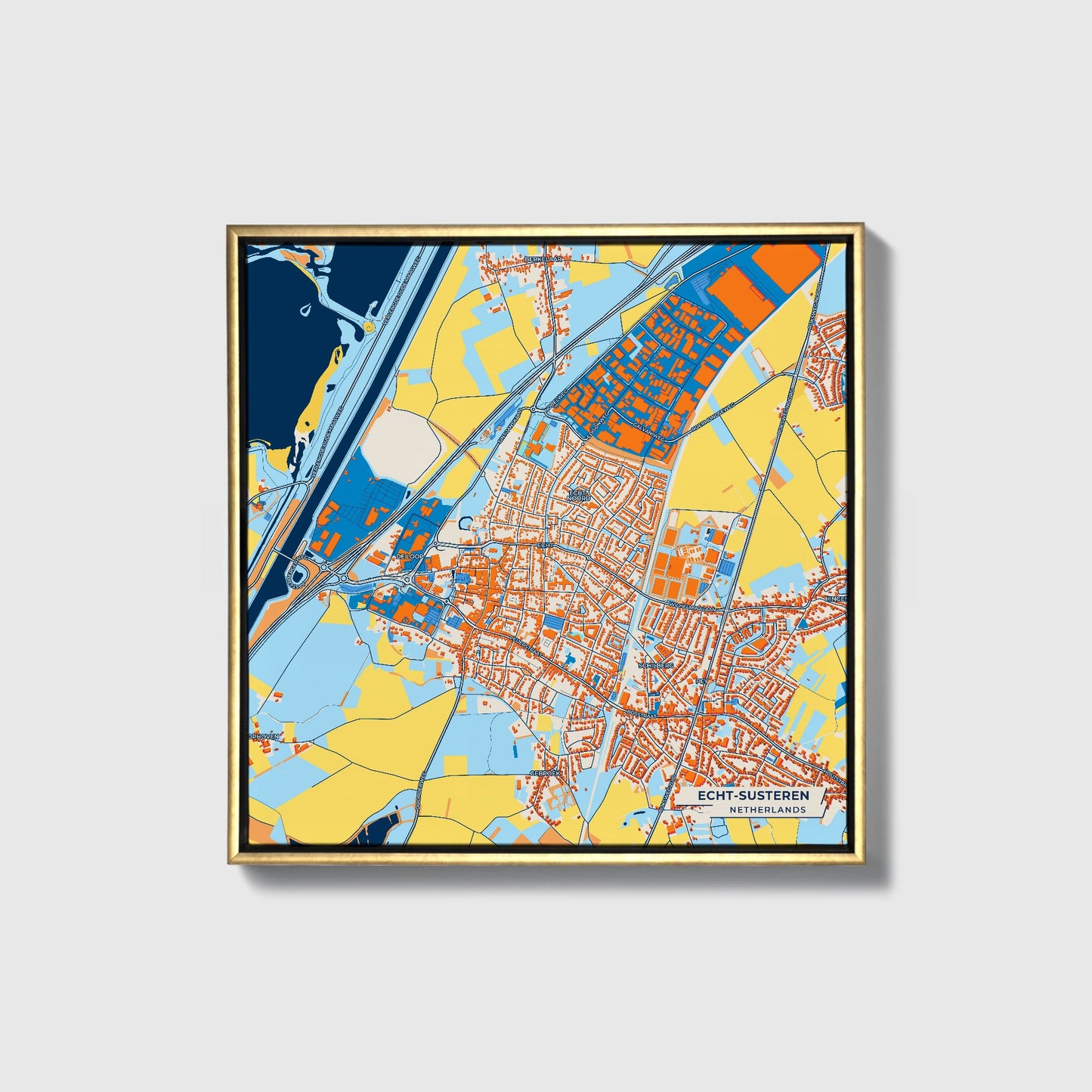 Echt-Susteren Netherlands Colorful City Map Canvas Print • Gold Framed
