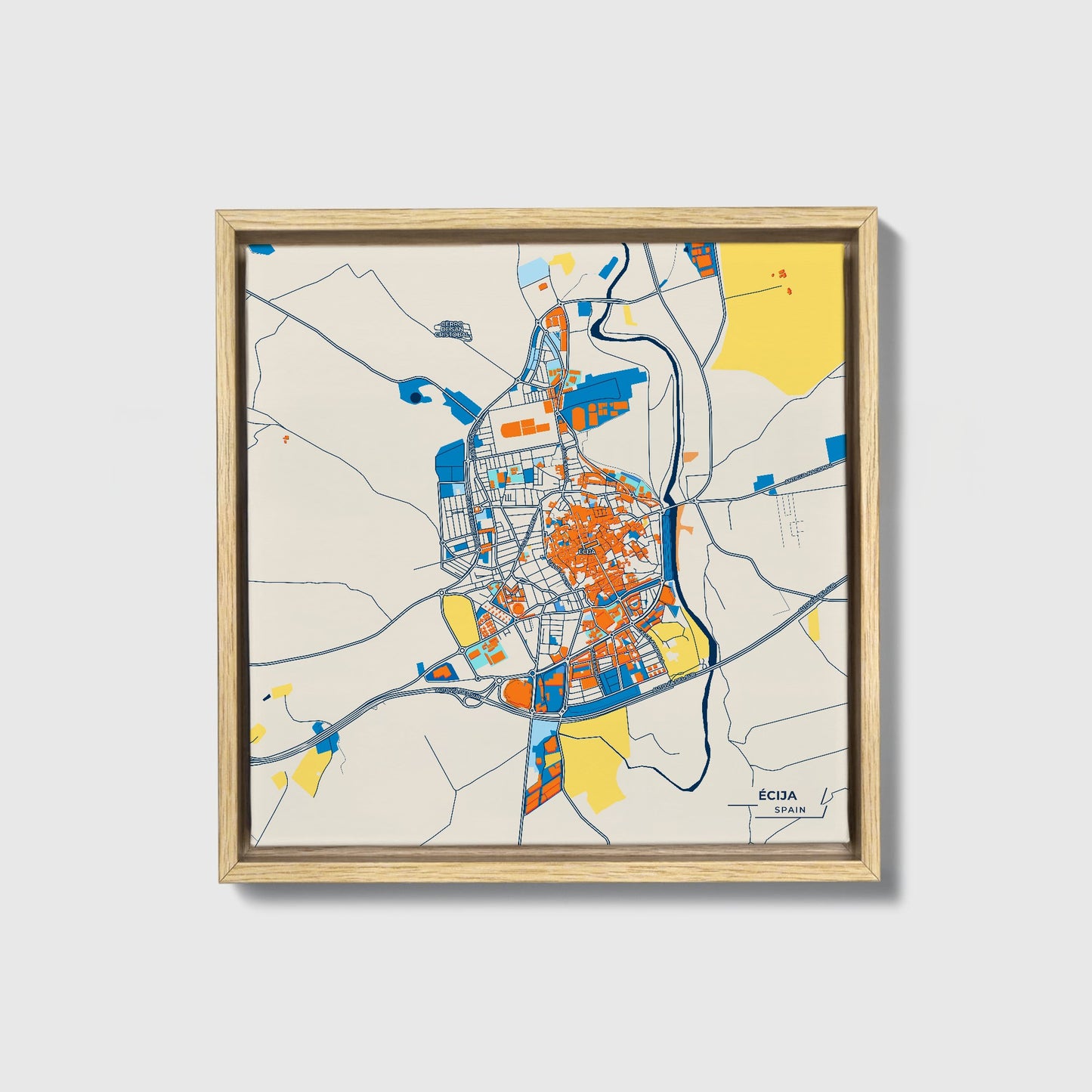 Écija Spain Colorful City Map Canvas Print • Natural Wooden Framed
