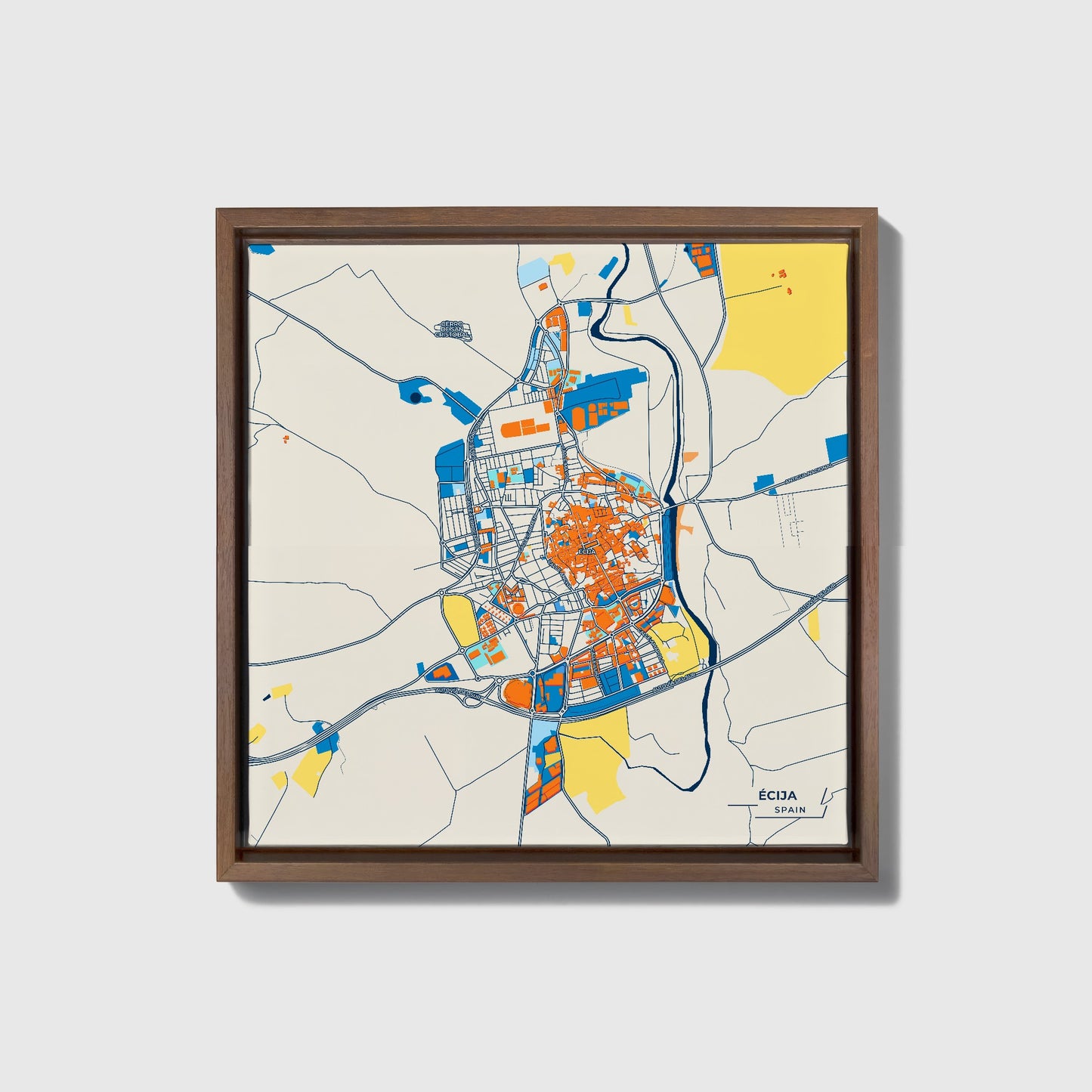 Écija Spain Colorful City Map Canvas Print • Dark Wooden Framed