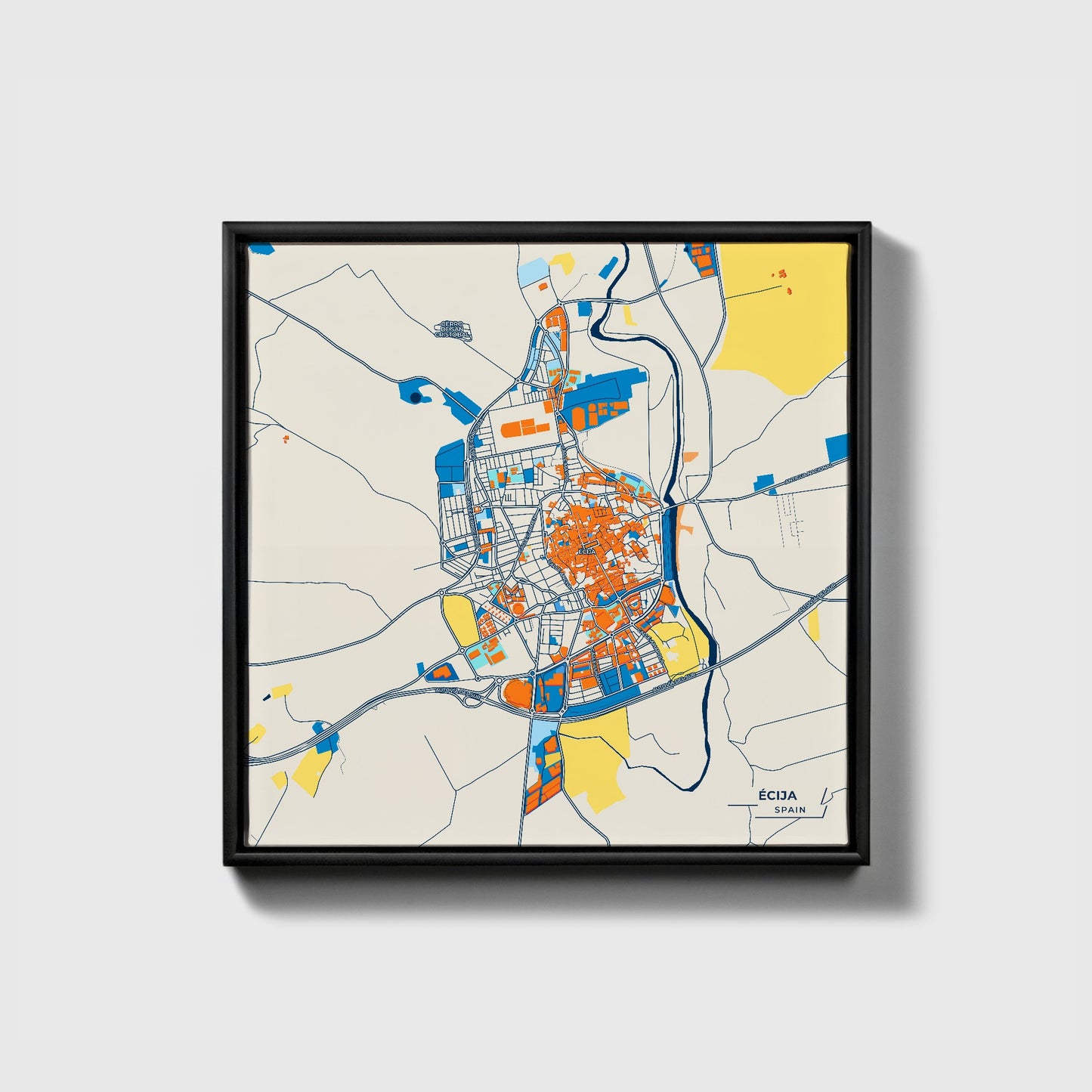 Écija Spain Colorful City Map Canvas Print • Black Framed