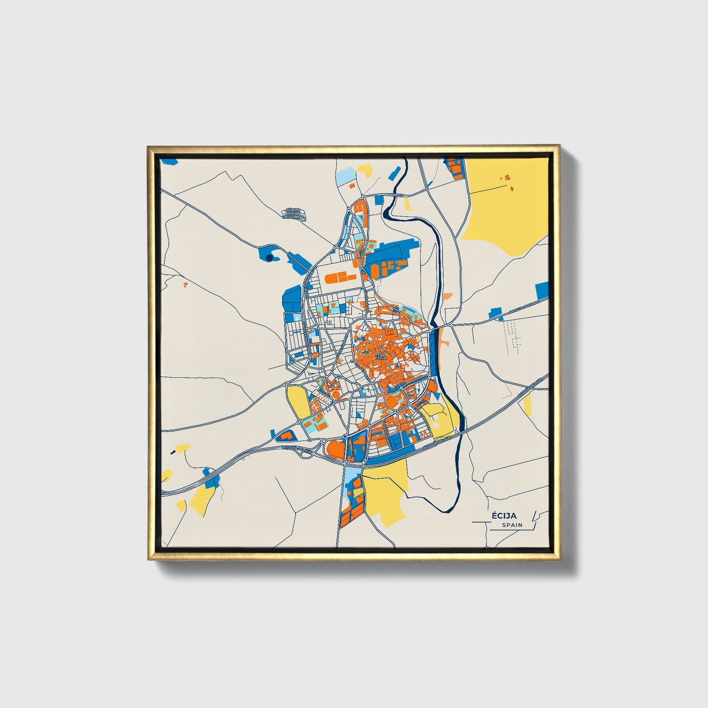 Écija Spain Colorful City Map Canvas Print • Gold Framed