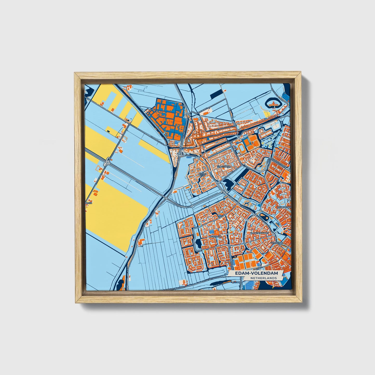 Edam-Volendam Netherlands Colorful City Map Canvas Print • Natural Wooden Framed