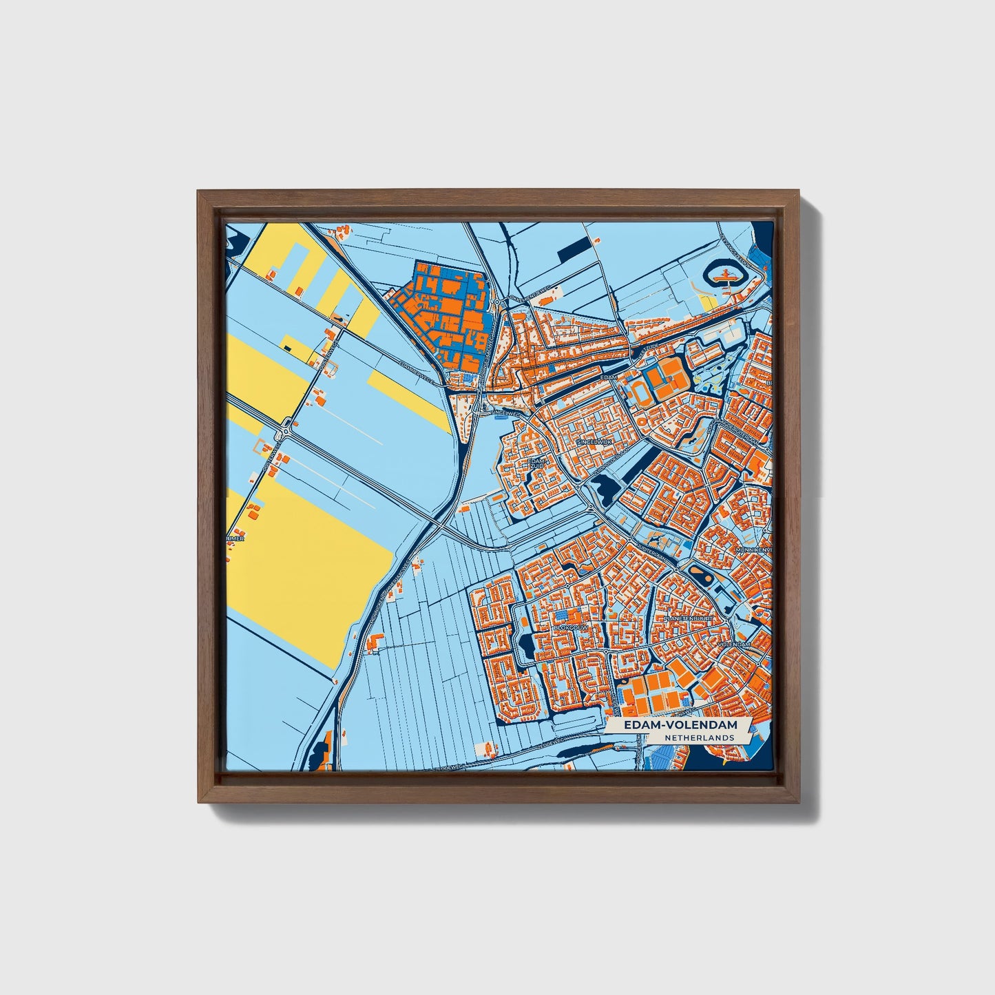 Edam-Volendam Netherlands Colorful City Map Canvas Print • Dark Wooden Framed