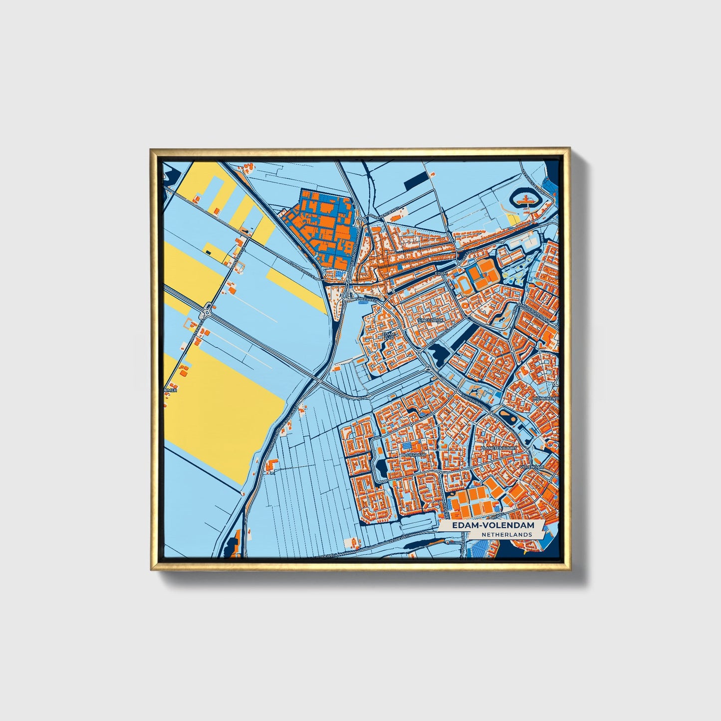 Edam-Volendam Netherlands Colorful City Map Canvas Print • Gold Framed