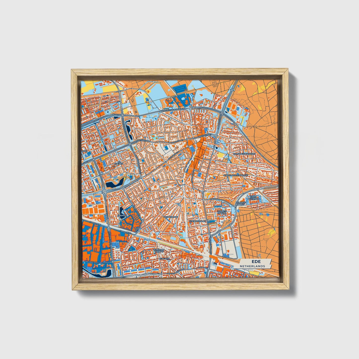Ede Netherlands Colorful City Map Canvas Print • Natural Wooden Framed