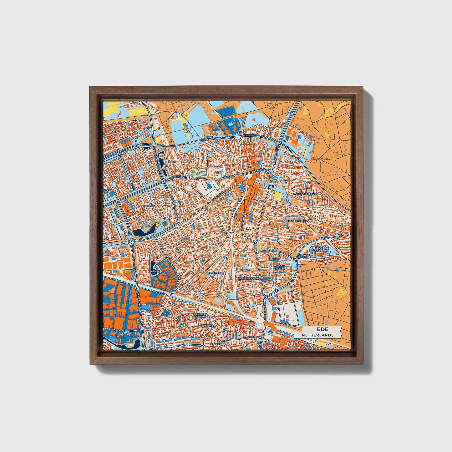 Ede Netherlands Colorful City Map Canvas Print • Dark Wooden Framed
