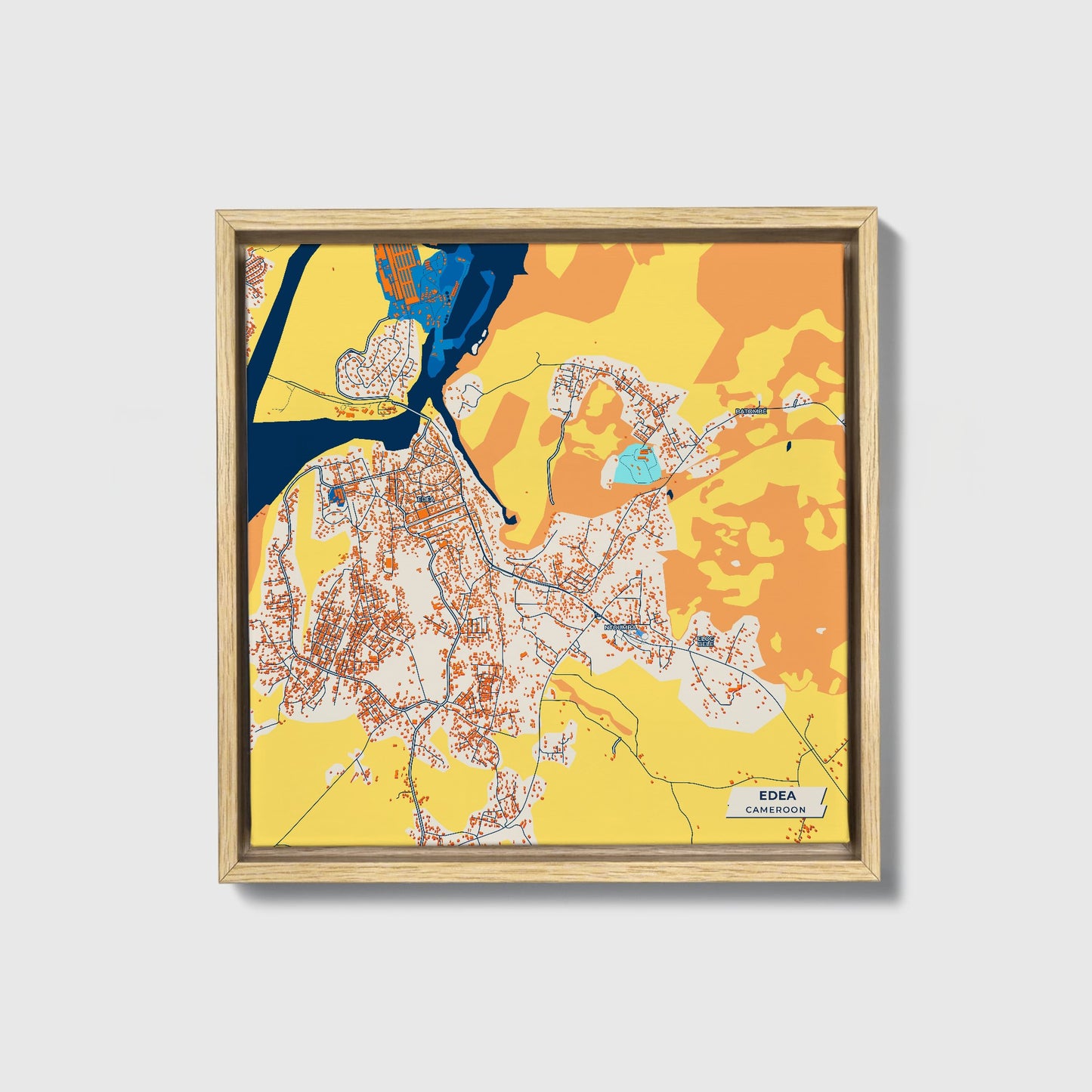 Edea Cameroon Colorful City Map Canvas Print • Natural Wooden Framed