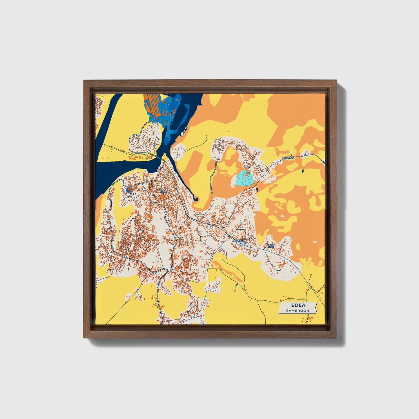 Edea Cameroon Colorful City Map Canvas Print • Dark Wooden Framed