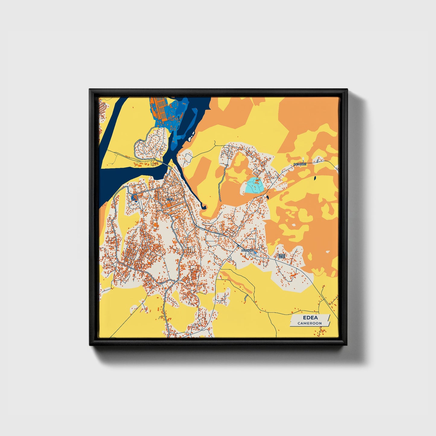 Edea Cameroon Colorful City Map Canvas Print • Black Framed