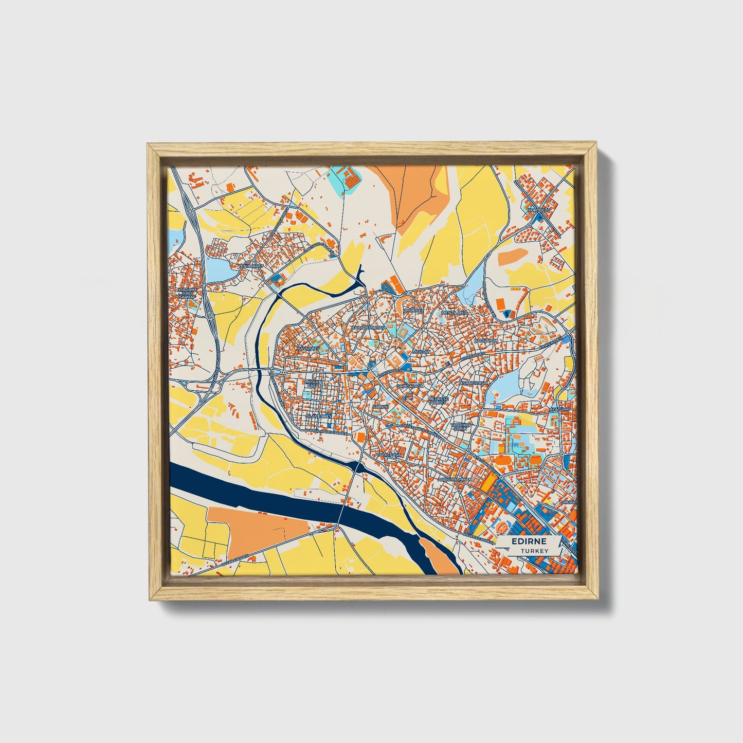 Edi̇rne Turkey Colorful City Map Canvas Print • Natural Wooden Framed
