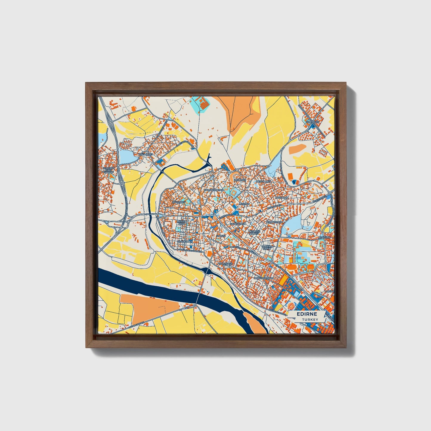 Edi̇rne Turkey Colorful City Map Canvas Print • Dark Wooden Framed