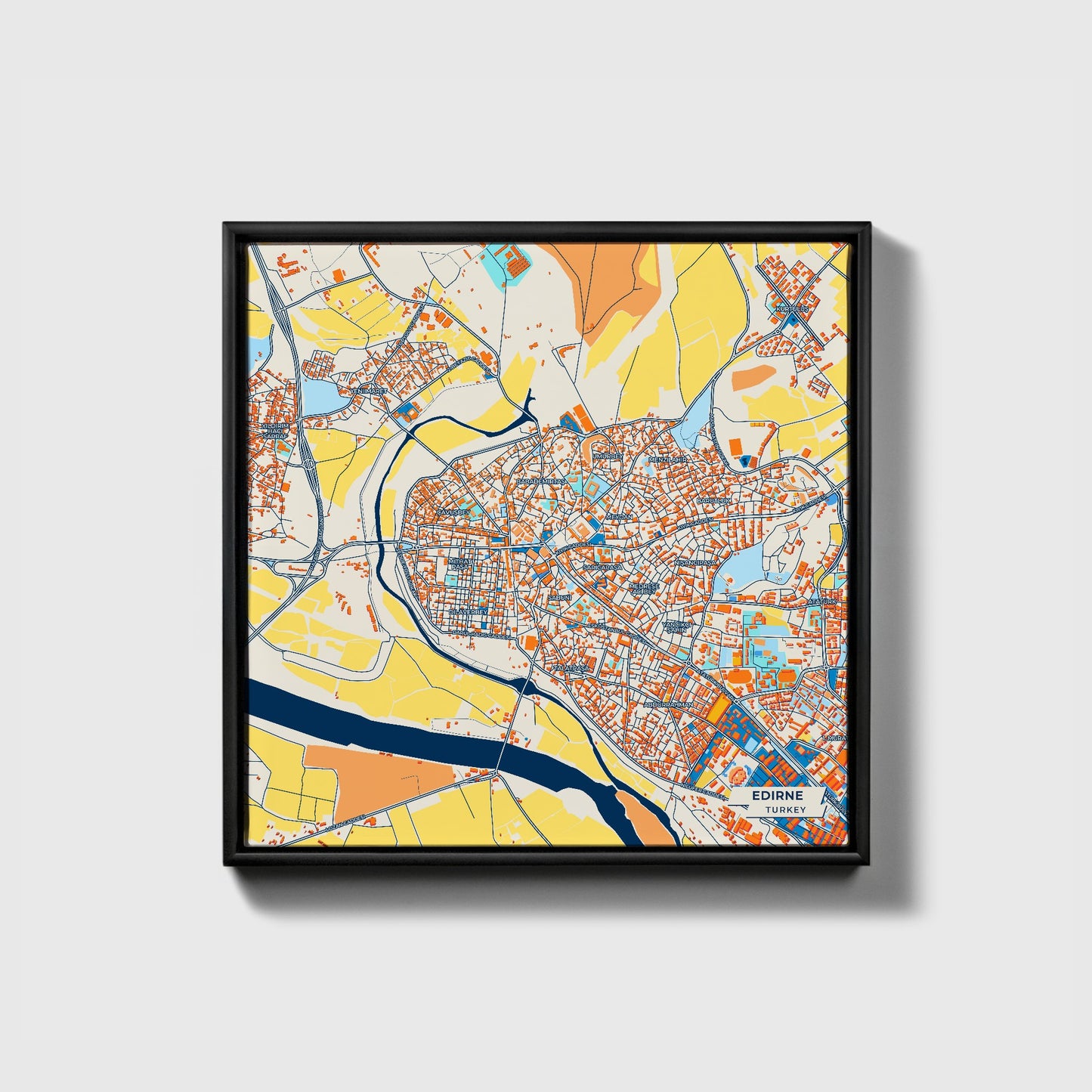 Edi̇rne Turkey Colorful City Map Canvas Print • Black Framed