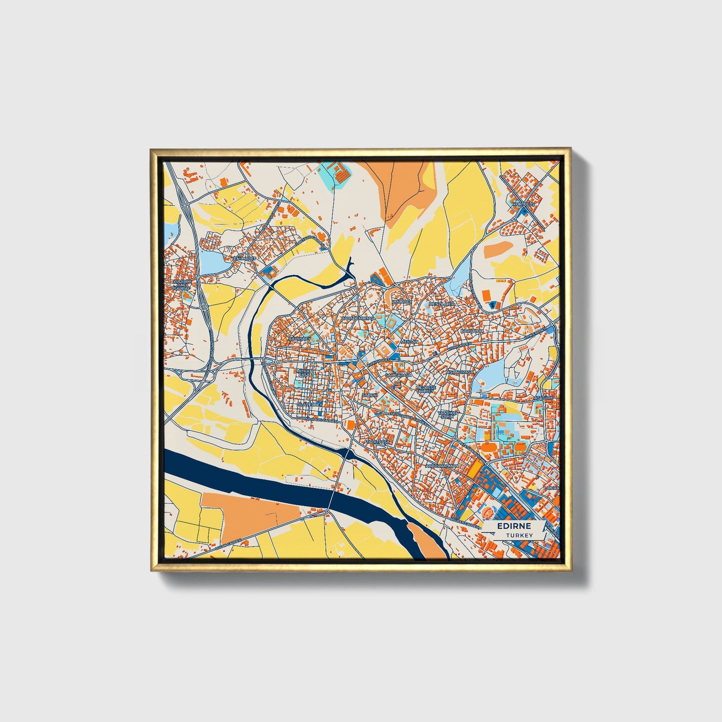 Edi̇rne Turkey Colorful City Map Canvas Print • Gold Framed