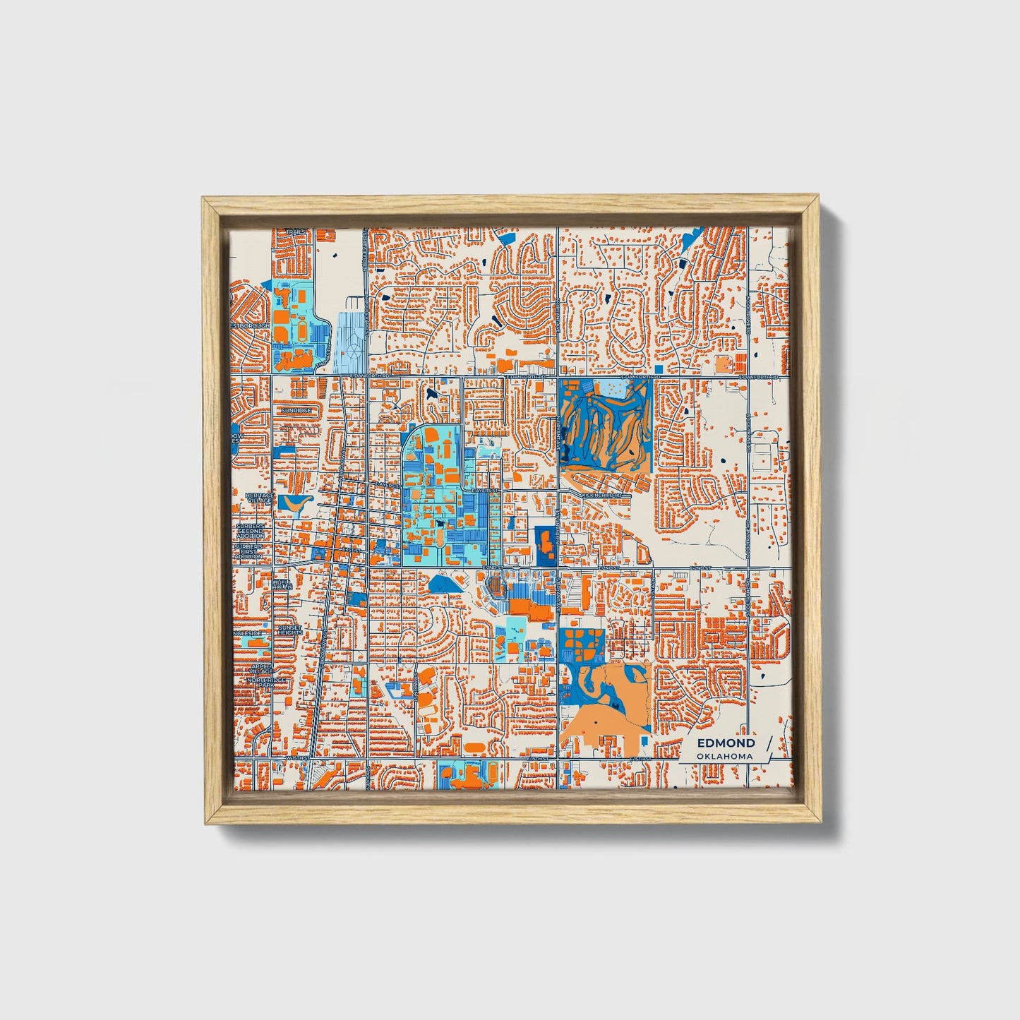 Edmond Oklahoma Colorful City Map Canvas Print • Natural Wooden Framed