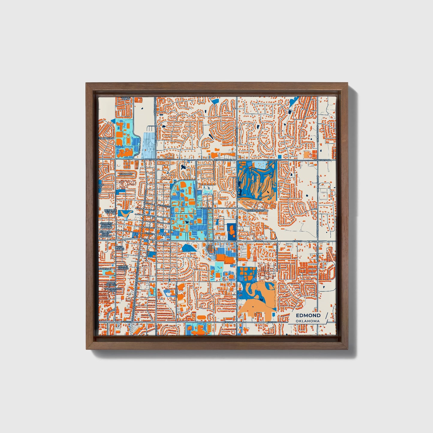 Edmond Oklahoma Colorful City Map Canvas Print • Dark Wooden Framed