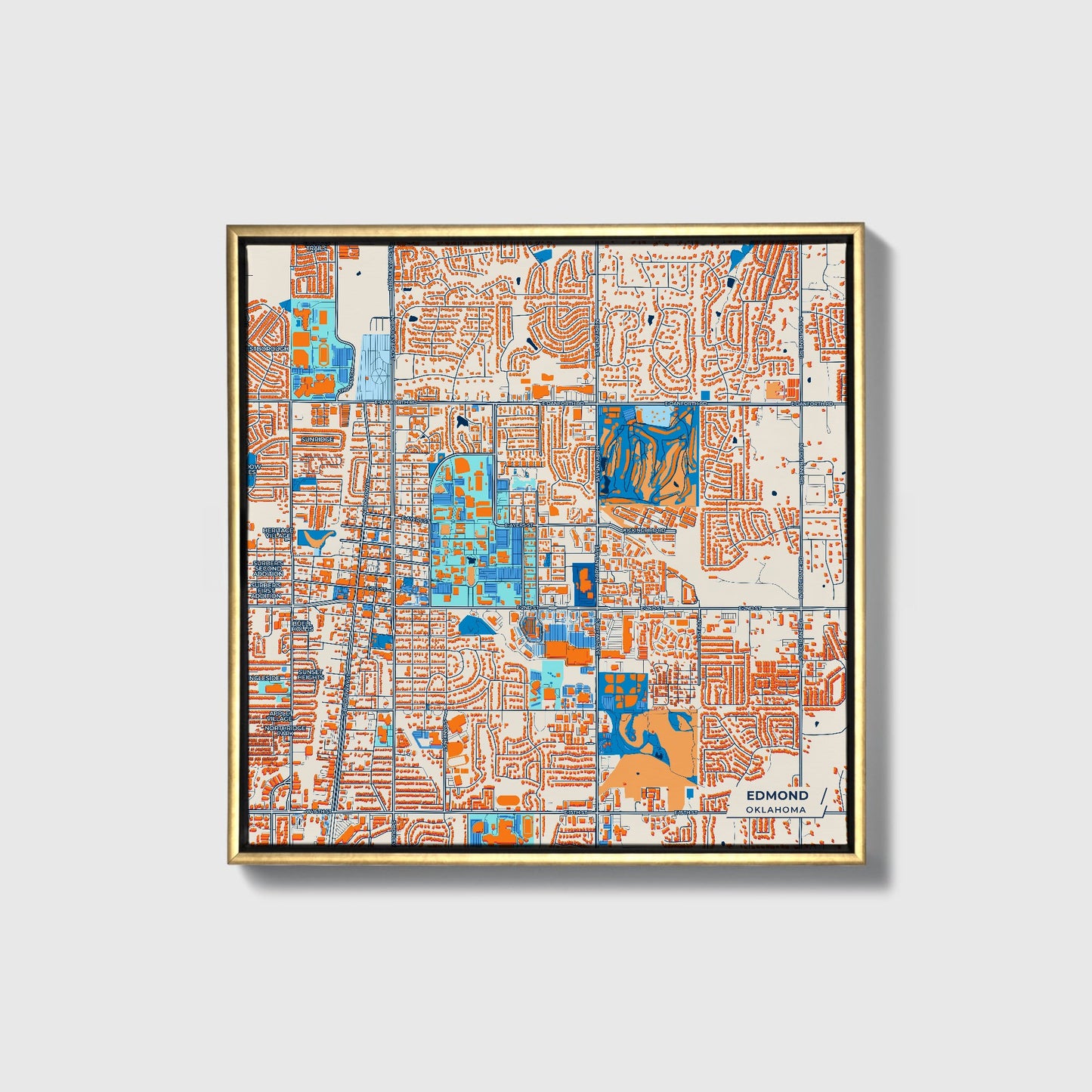 Edmond Oklahoma Colorful City Map Canvas Print • Gold Framed