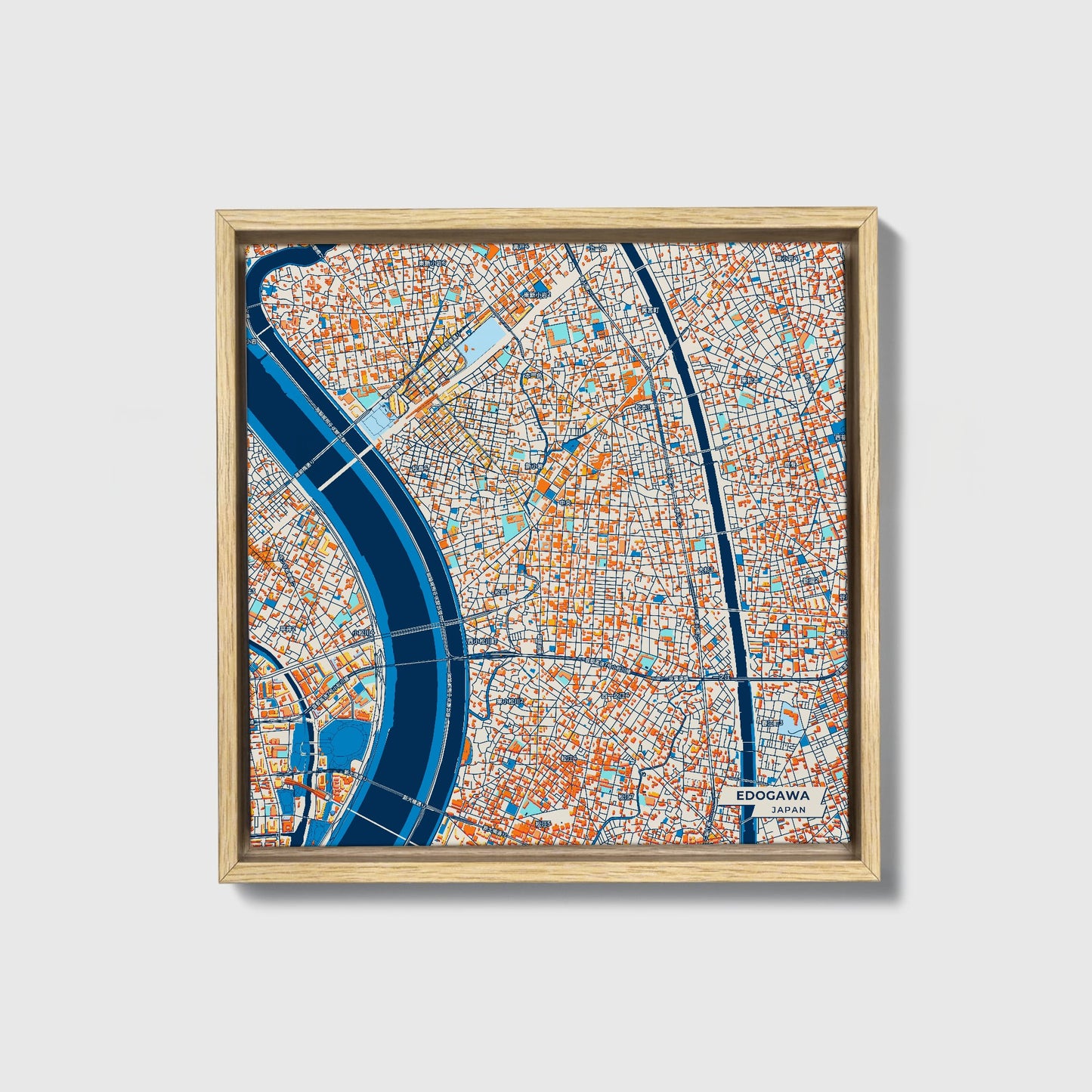 Edogawa Japan Colorful City Map Canvas Print • Natural Wooden Framed