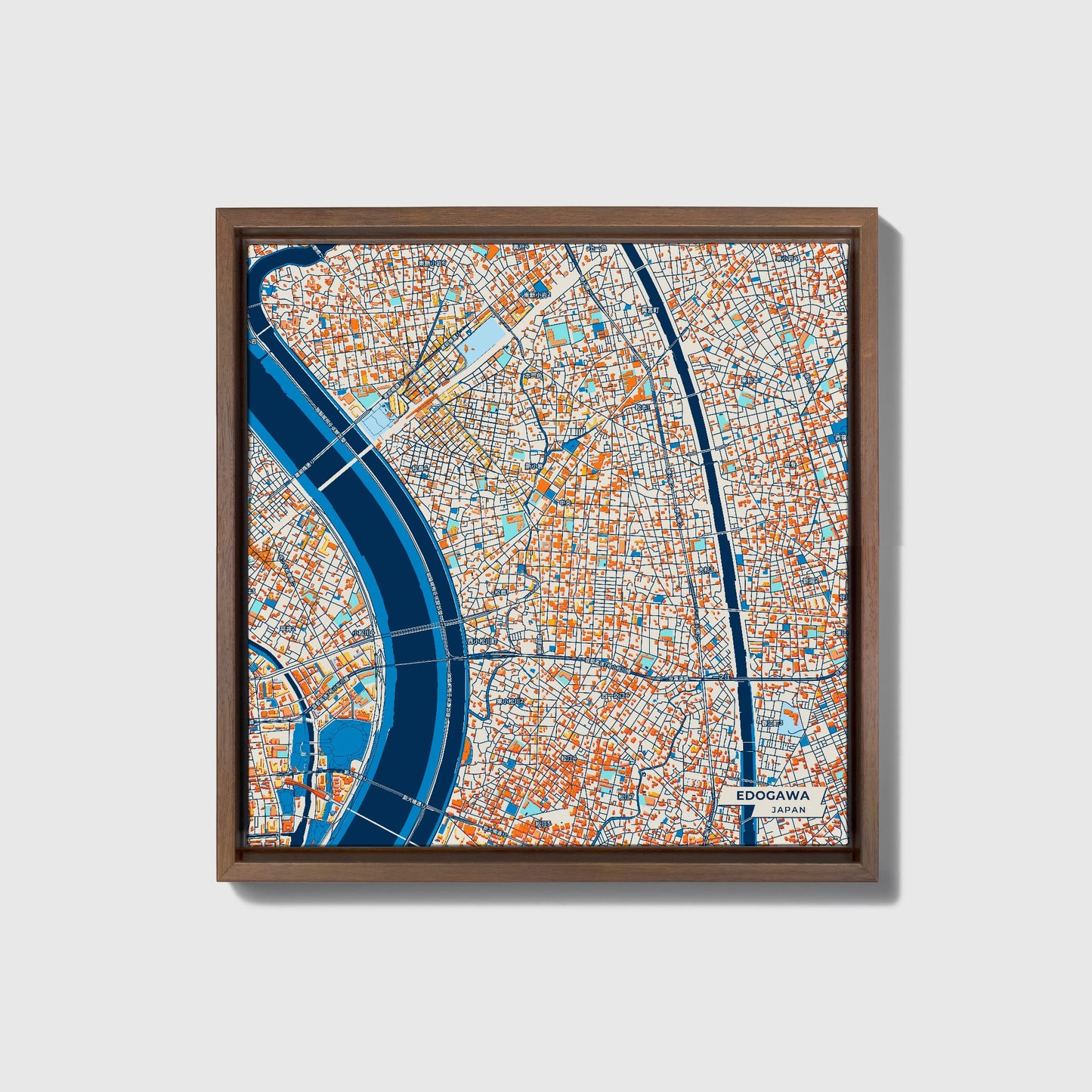 Edogawa Japan Colorful City Map Canvas Print • Dark Wooden Framed