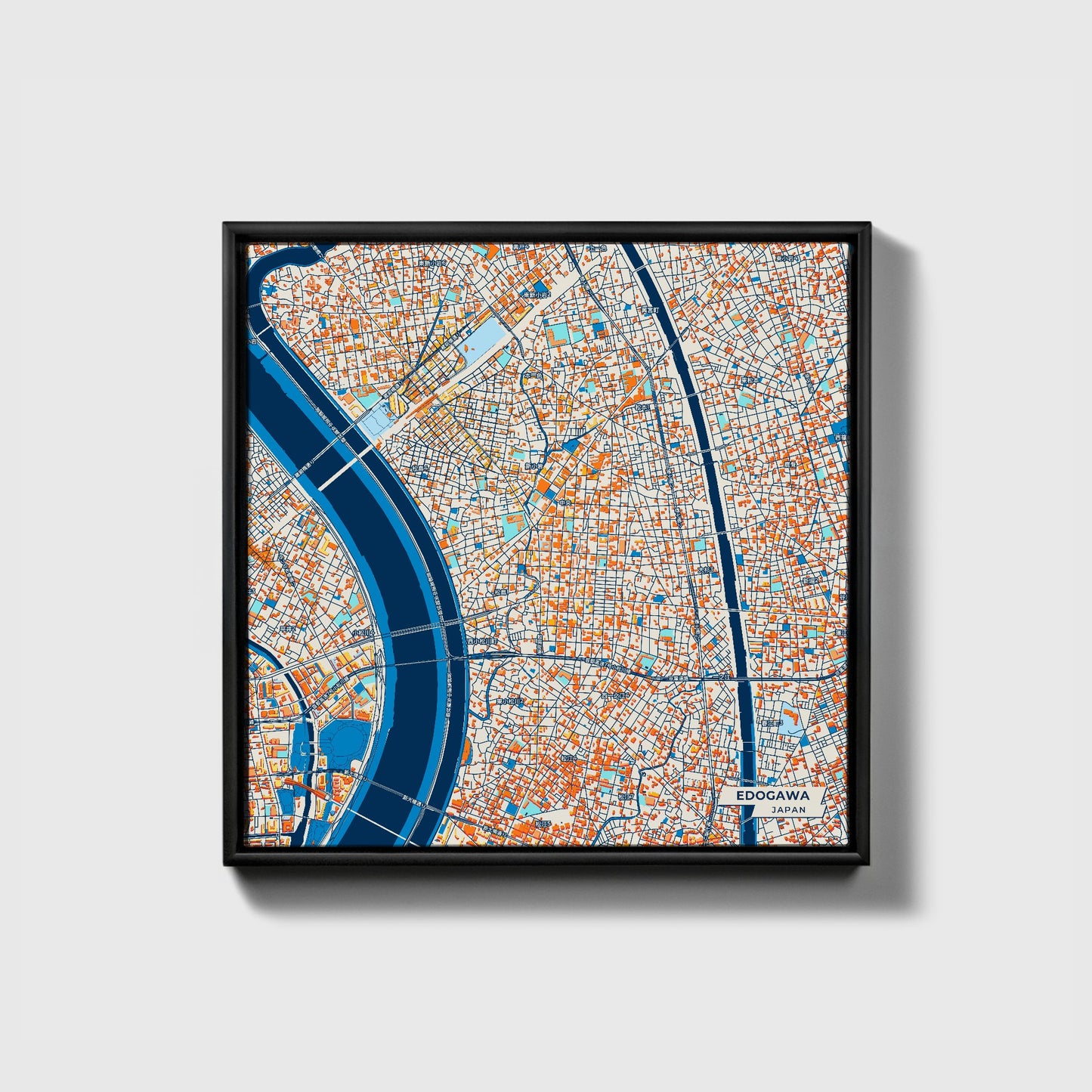 Edogawa Japan Colorful City Map Canvas Print • Black Framed