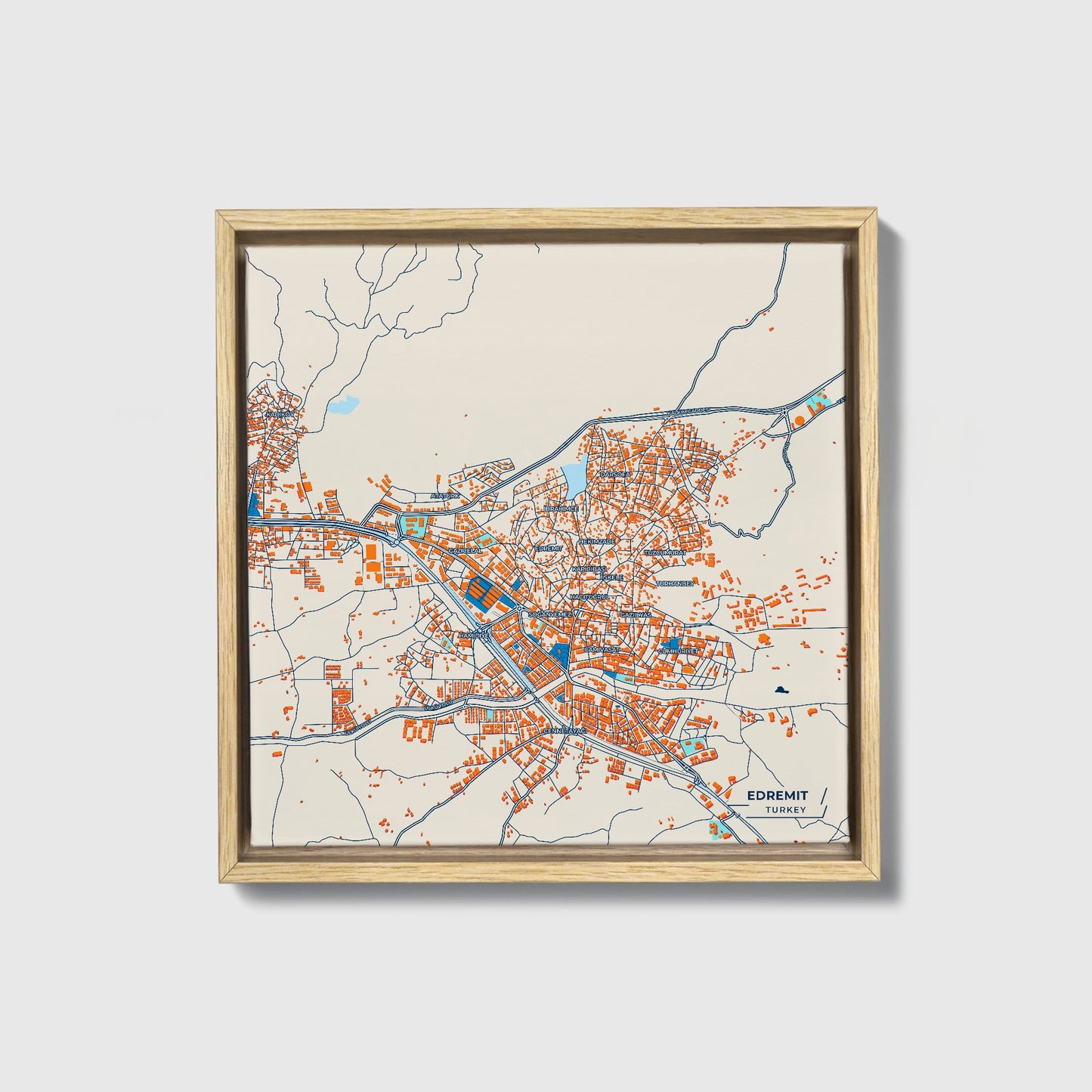 Edremi̇t Turkey Colorful City Map Canvas Print • Natural Wooden Framed