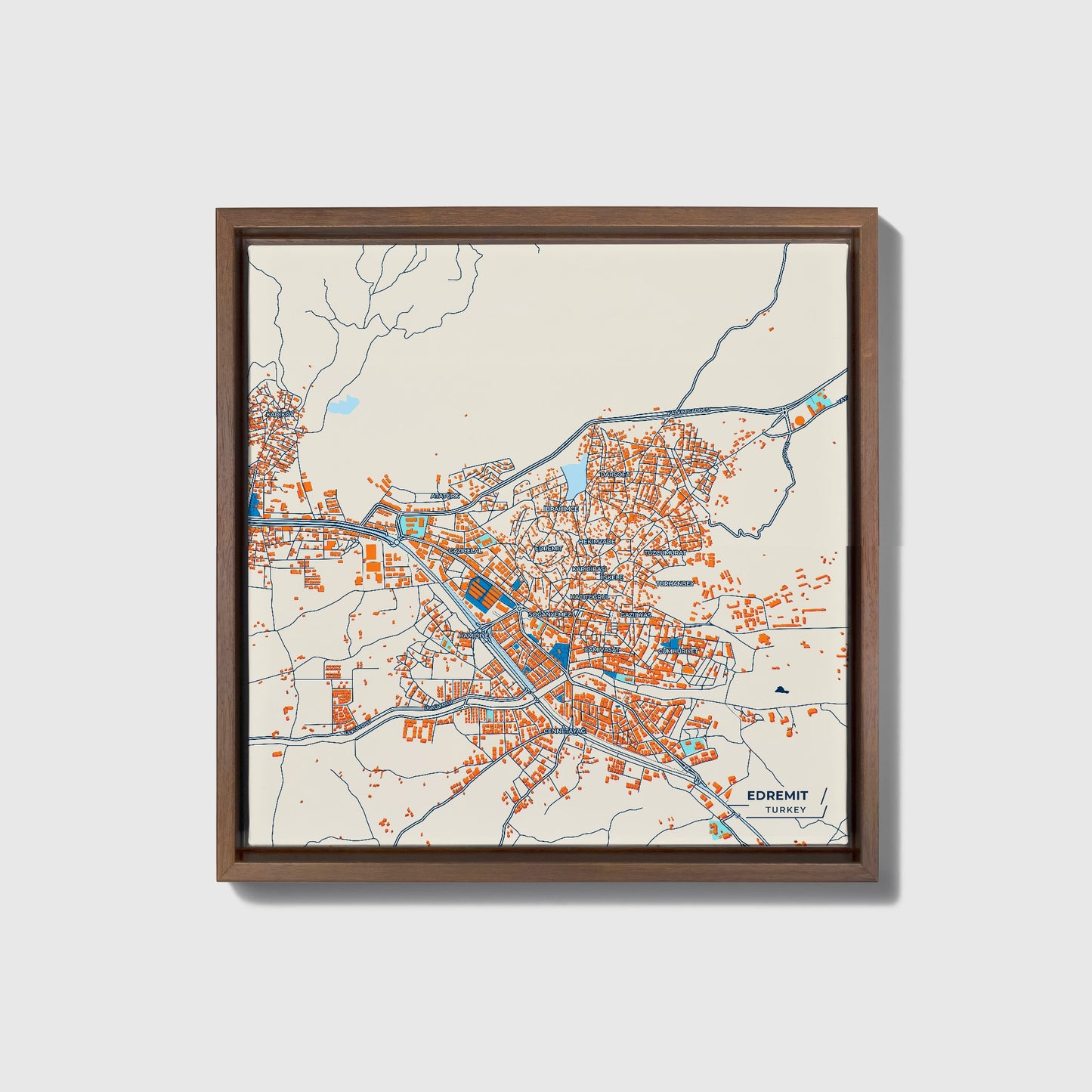 Edremi̇t Turkey Colorful City Map Canvas Print • Dark Wooden Framed