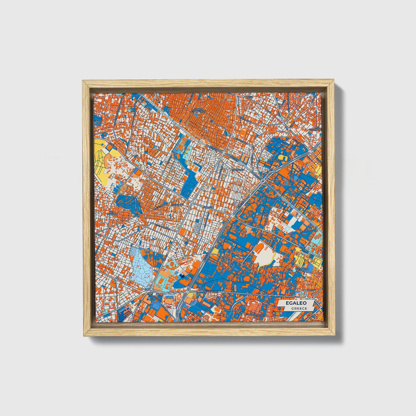 Αιγαλεω Greece Colorful City Map Canvas Print • Natural Wooden Framed