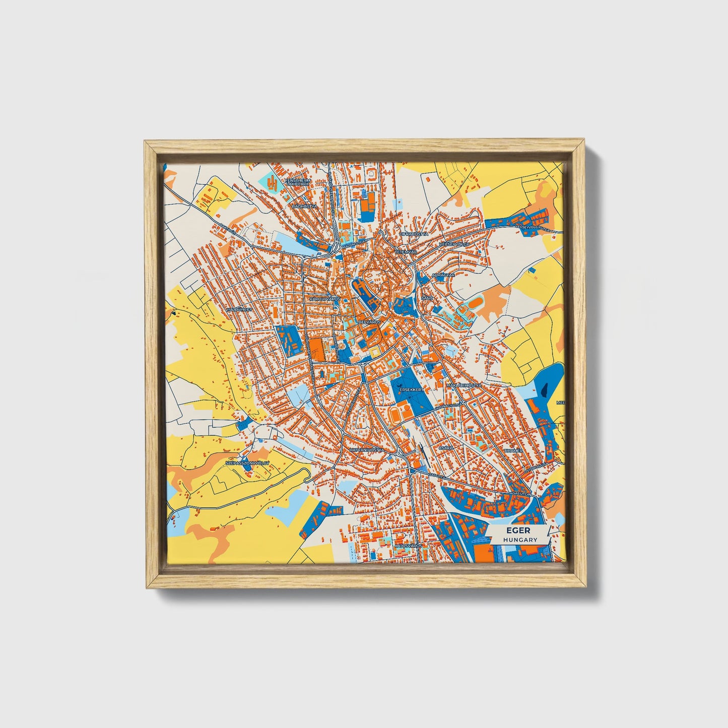 Eger Hungary Colorful City Map Canvas Print • Natural Wooden Framed
