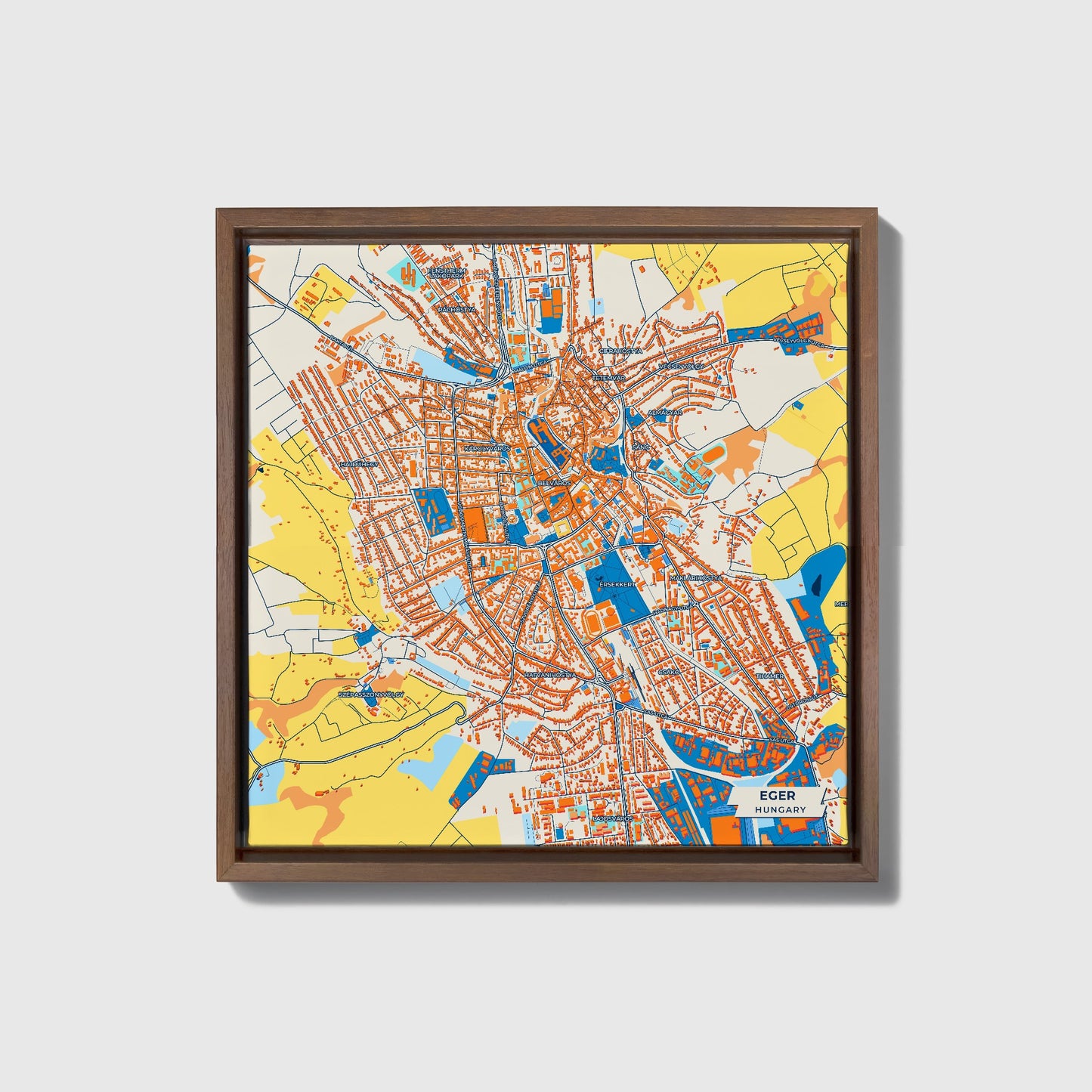 Eger Hungary Colorful City Map Canvas Print • Dark Wooden Framed