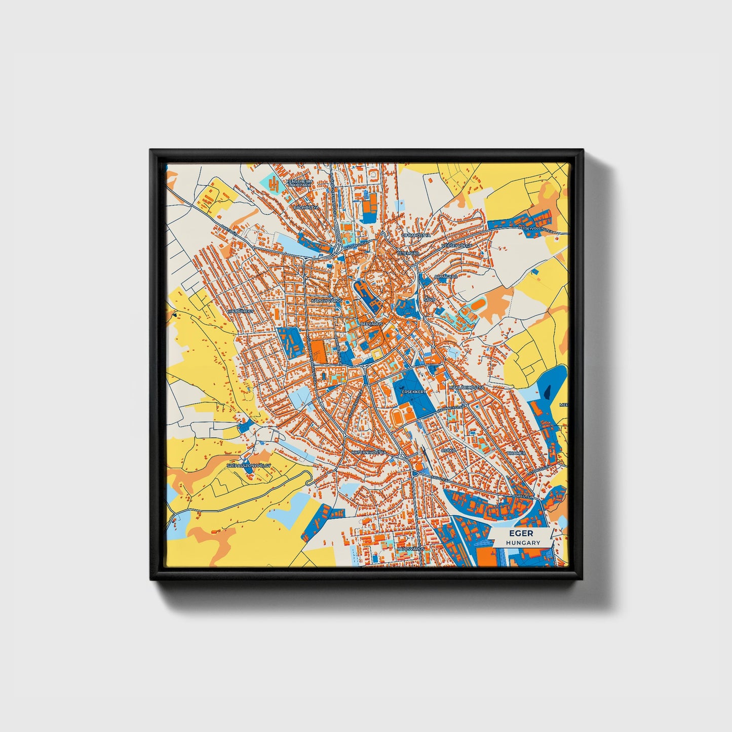 Eger Hungary Colorful City Map Canvas Print • Black Framed