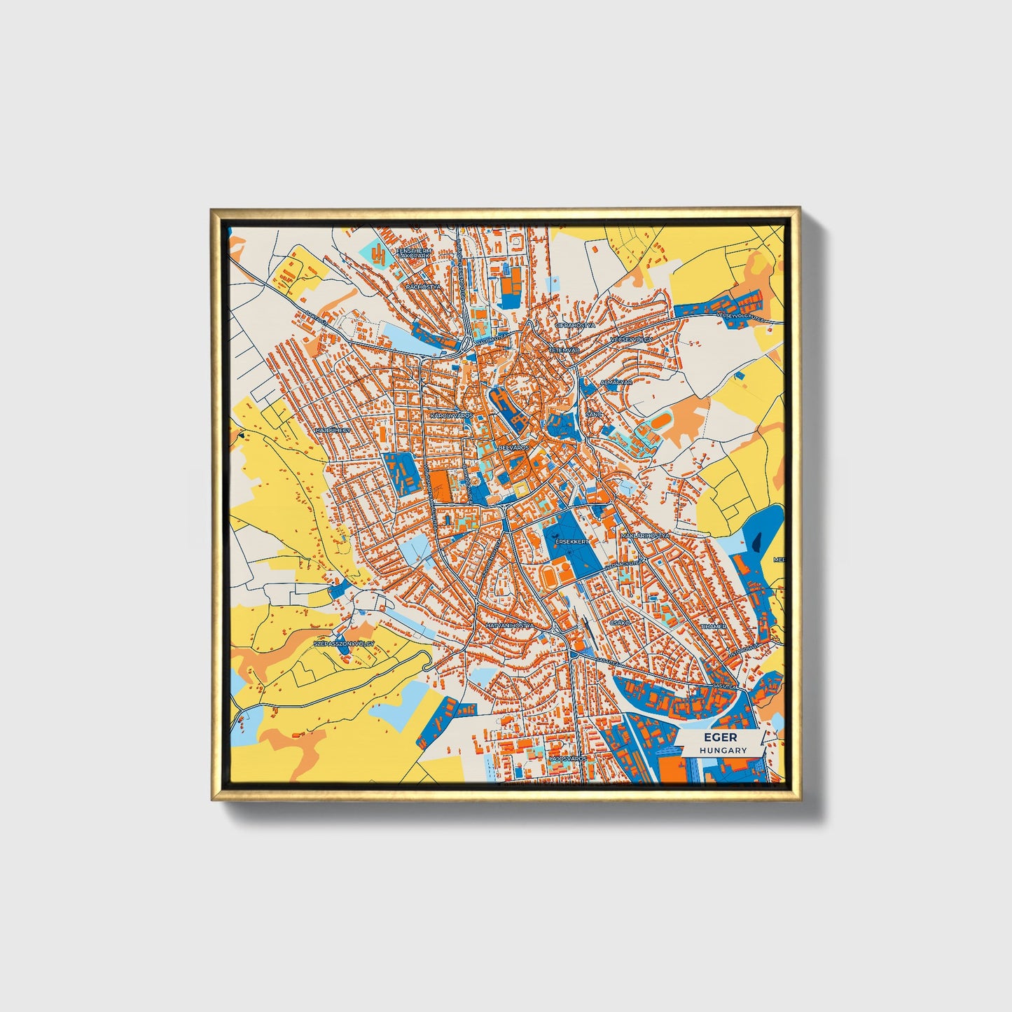 Eger Hungary Colorful City Map Canvas Print • Gold Framed