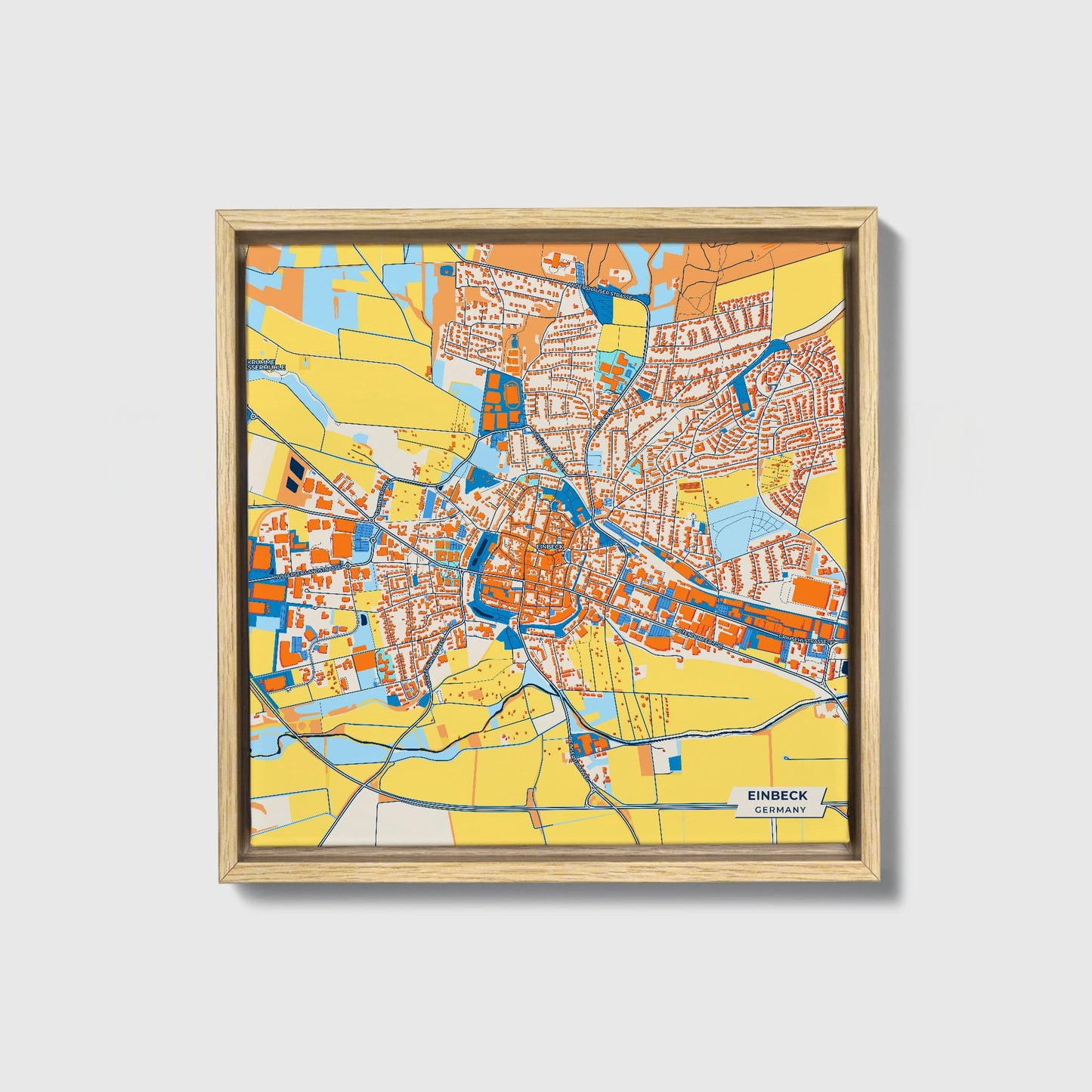 Einbeck Germany Colorful City Map Canvas Print • Natural Wooden Framed