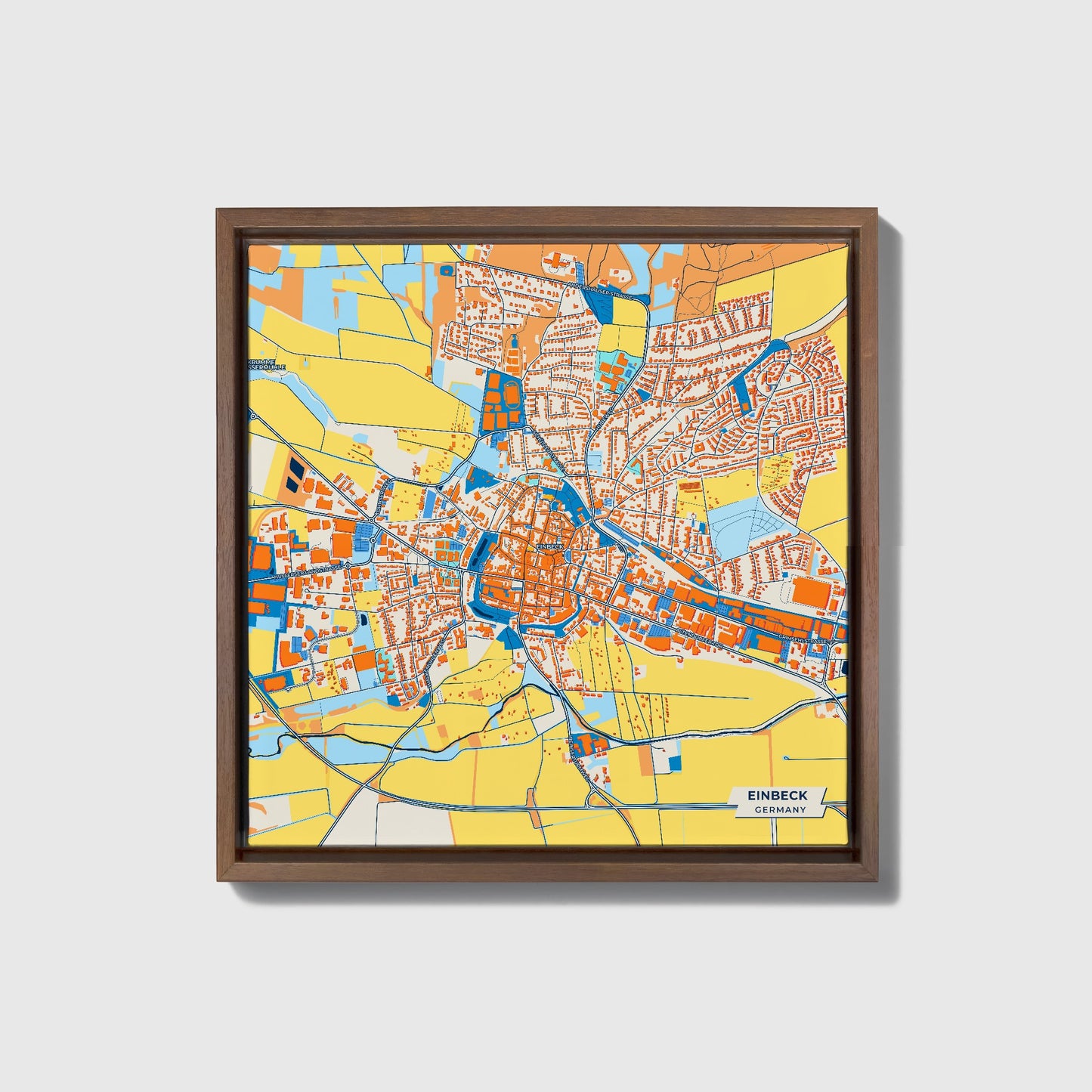 Einbeck Germany Colorful City Map Canvas Print • Dark Wooden Framed