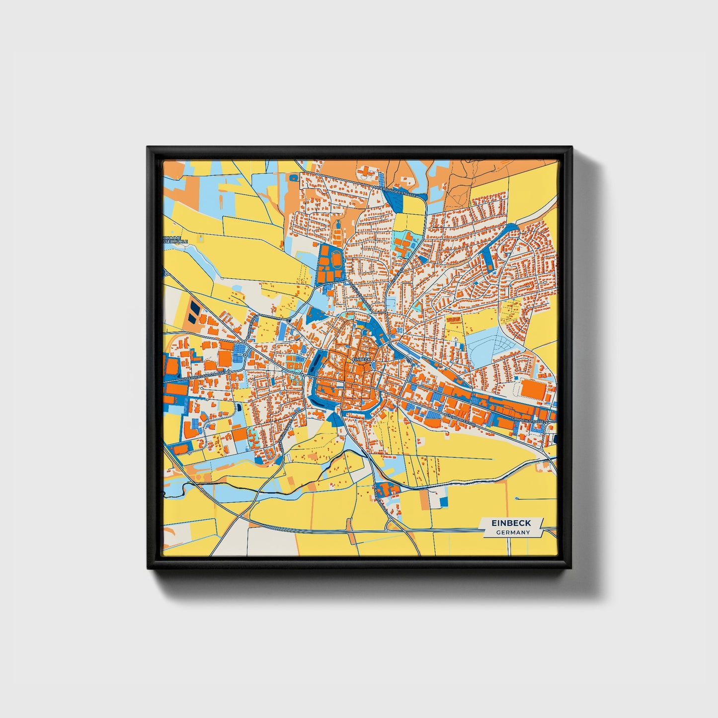 Einbeck Germany Colorful City Map Canvas Print • Black Framed