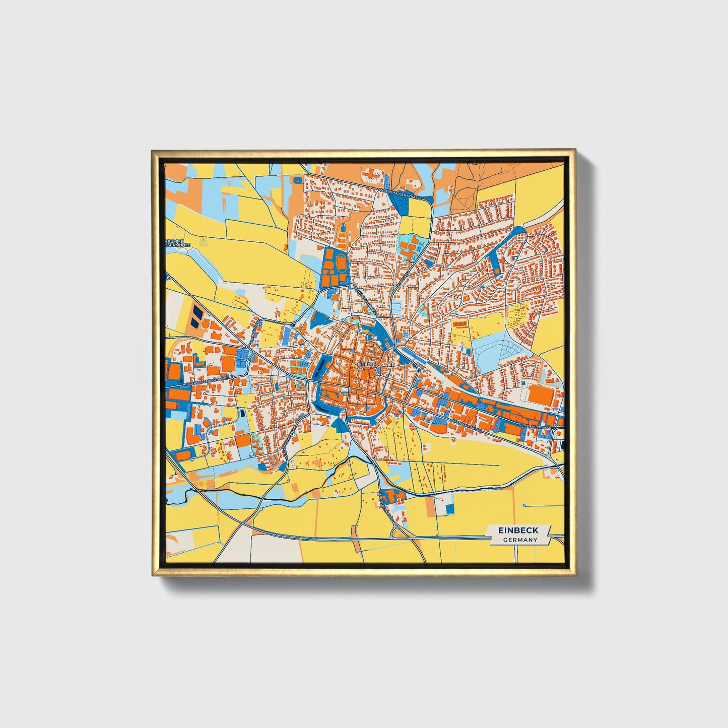 Einbeck Germany Colorful City Map Canvas Print • Gold Framed
