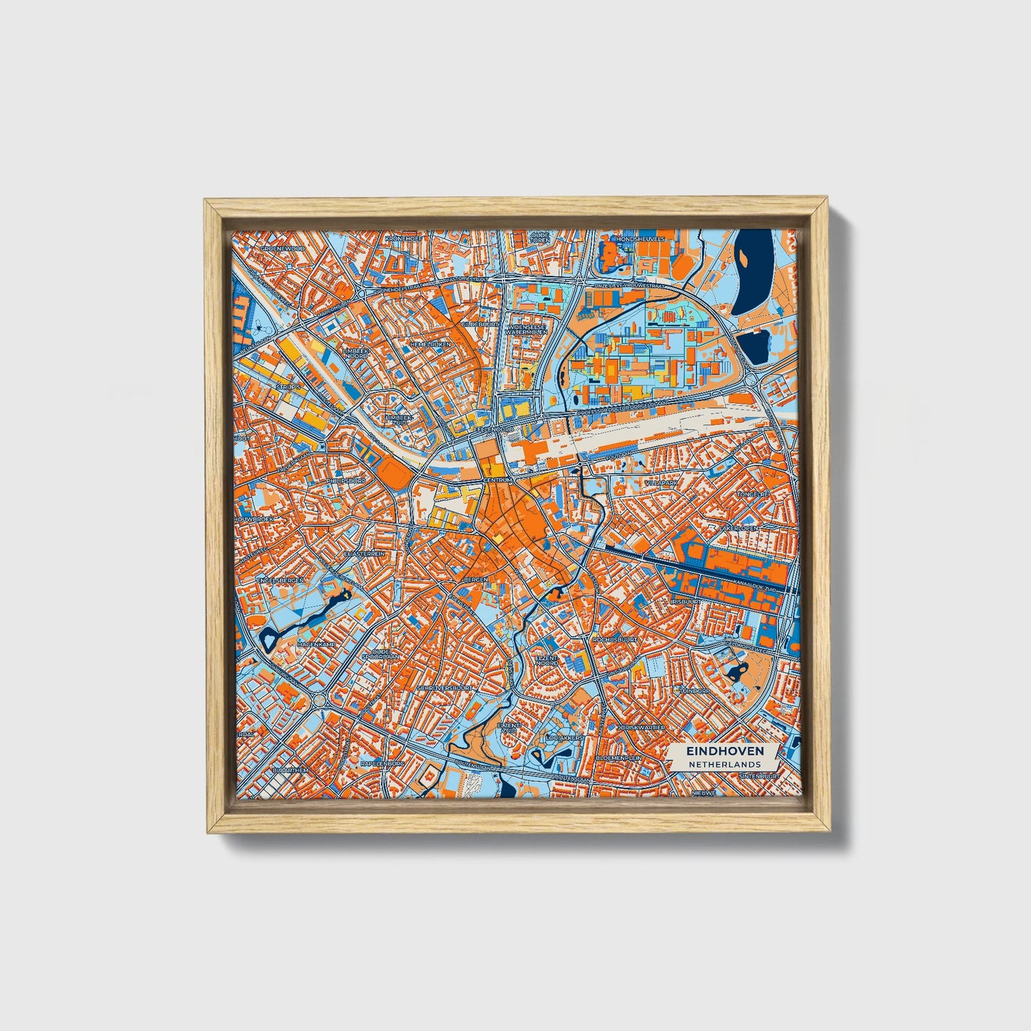 Eindhoven Netherlands Colorful City Map Canvas Print • Natural Wooden Framed