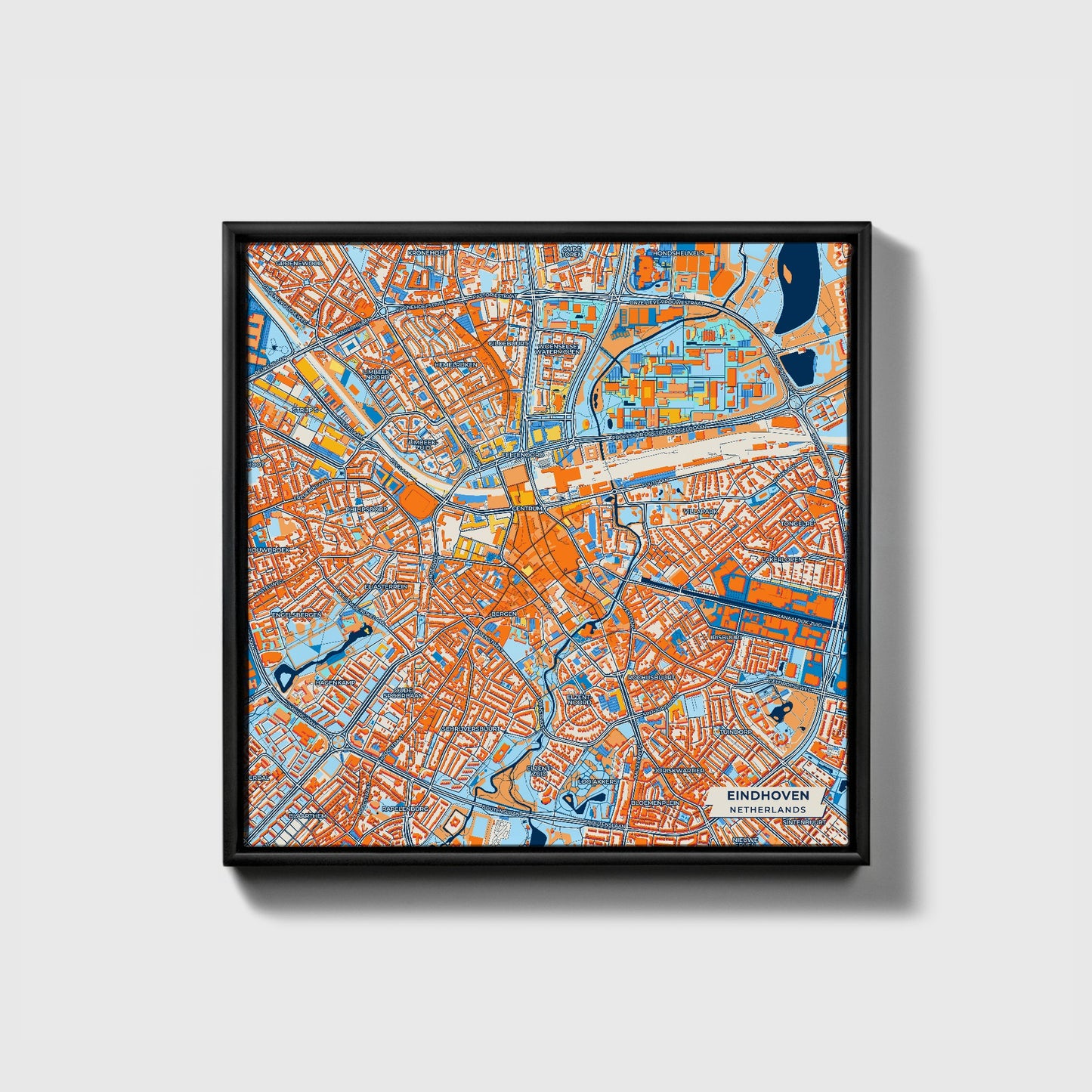 Eindhoven Netherlands Colorful City Map Canvas Print • Black Framed