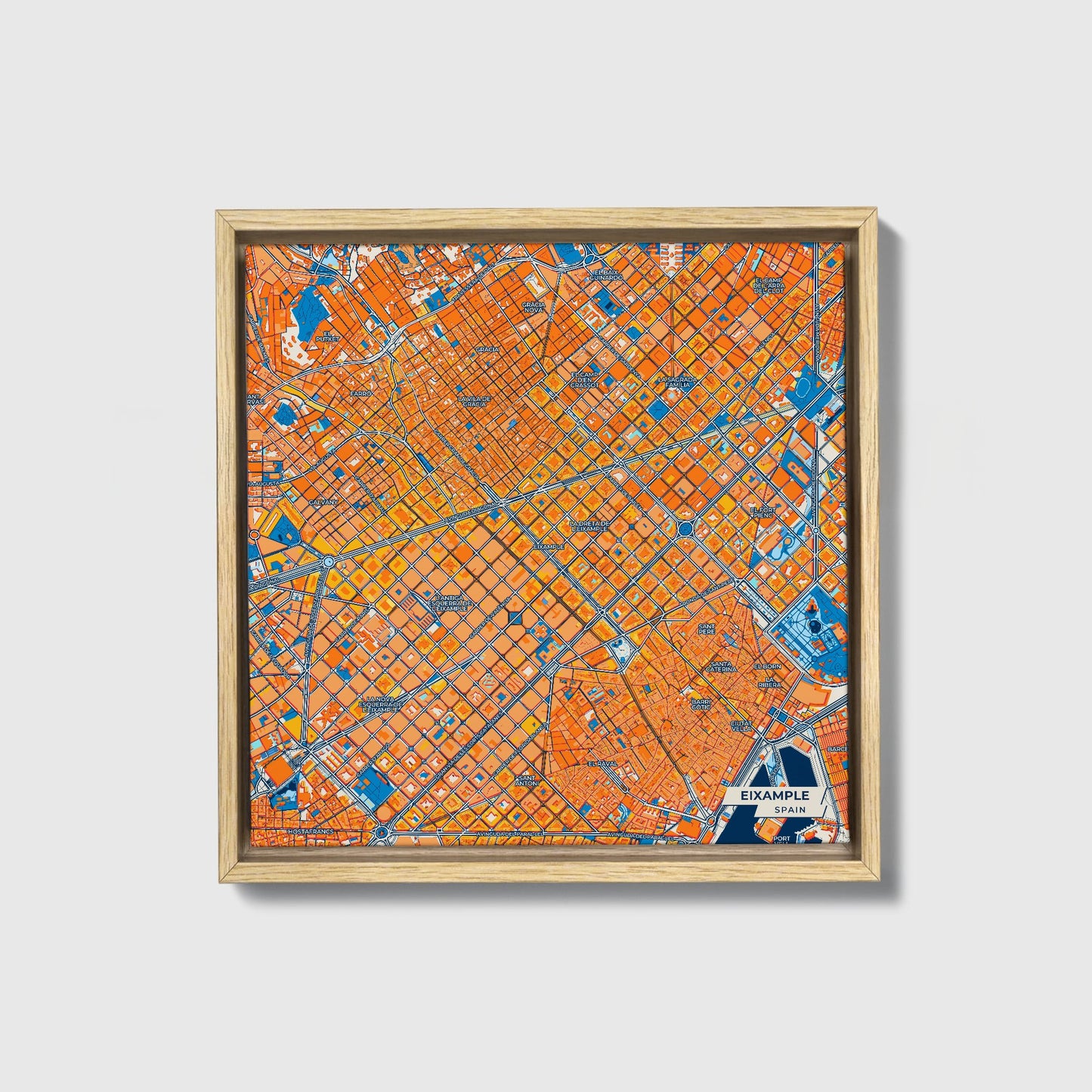 Eixample Spain Colorful City Map Canvas Print • Natural Wooden Framed